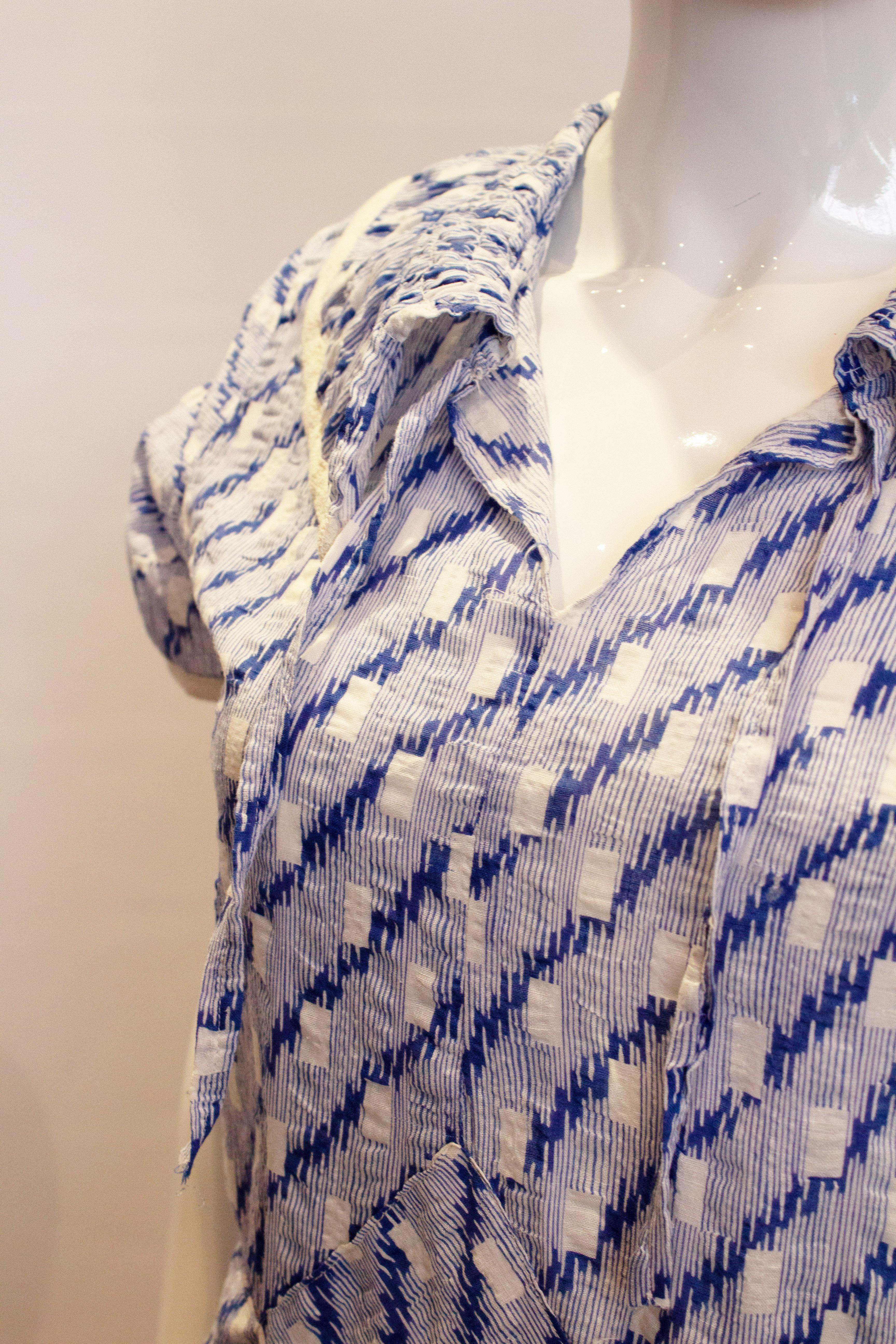 Vintage 1920s Blau und Weiß Baumwolle Tag Kleid Damen im Angebot
