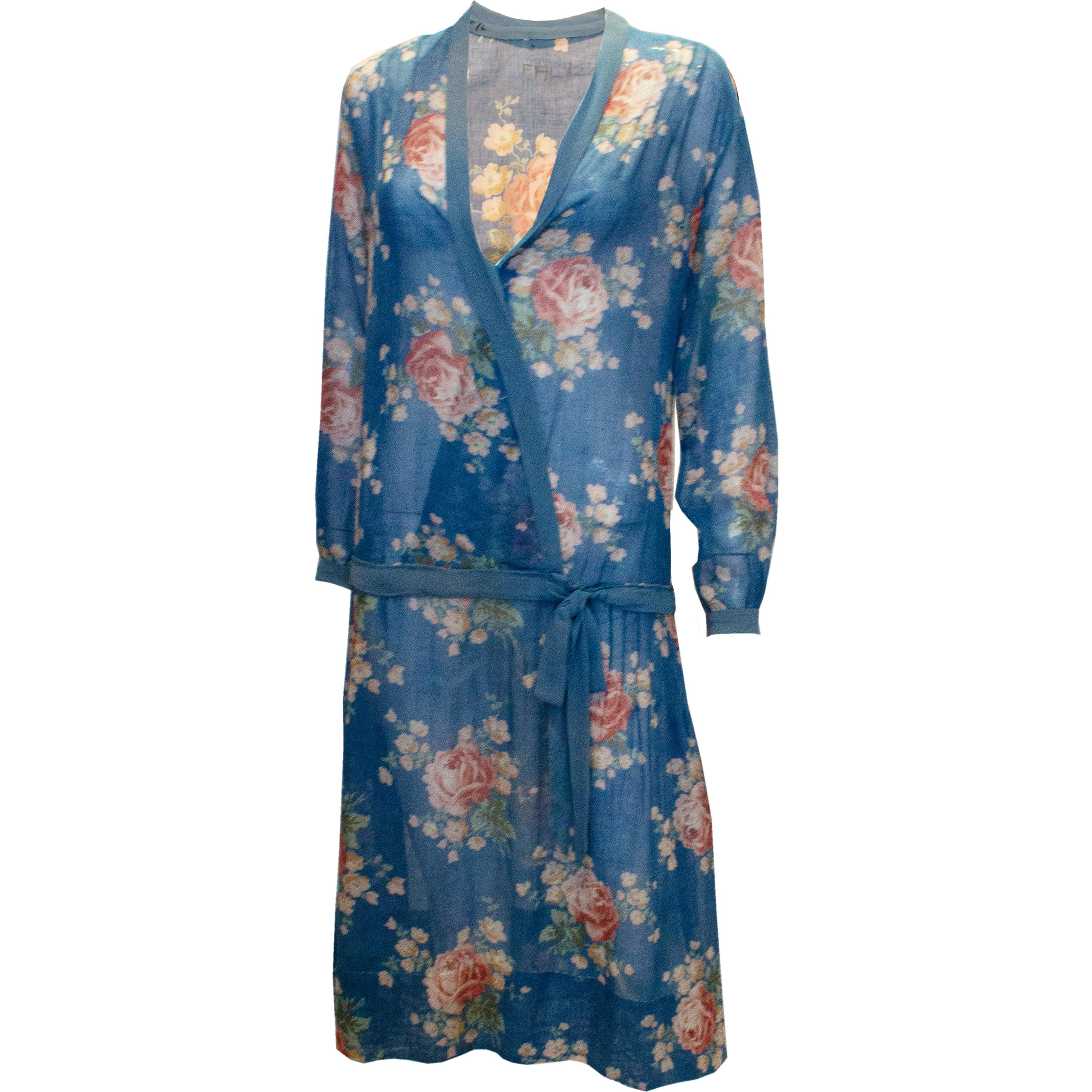 Vintage 1920s Blue Floral Cotton Dress For Sale
