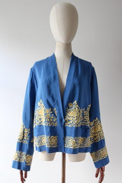 Vintage 1920's Blue Silk Floral Embroidered Ombré Jacket Canton UK 10-14
