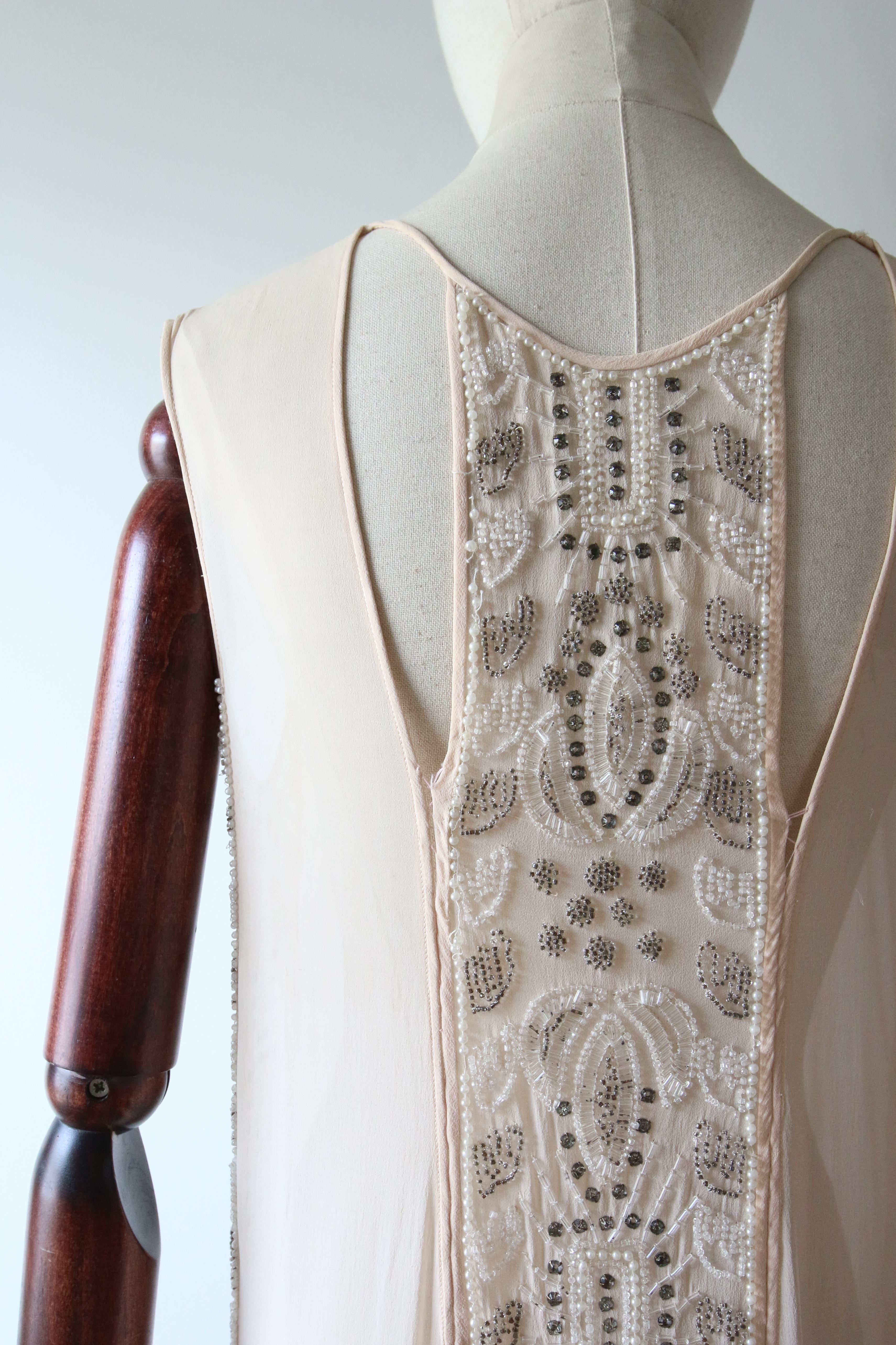 Vintage 1920's blush silk chiffon beaded flapper dress silver and pink UK 8-10 For Sale 5