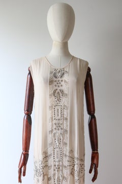 Vintage 1920's blush silk chiffon beaded flapper dress silver and pink UK 8-10