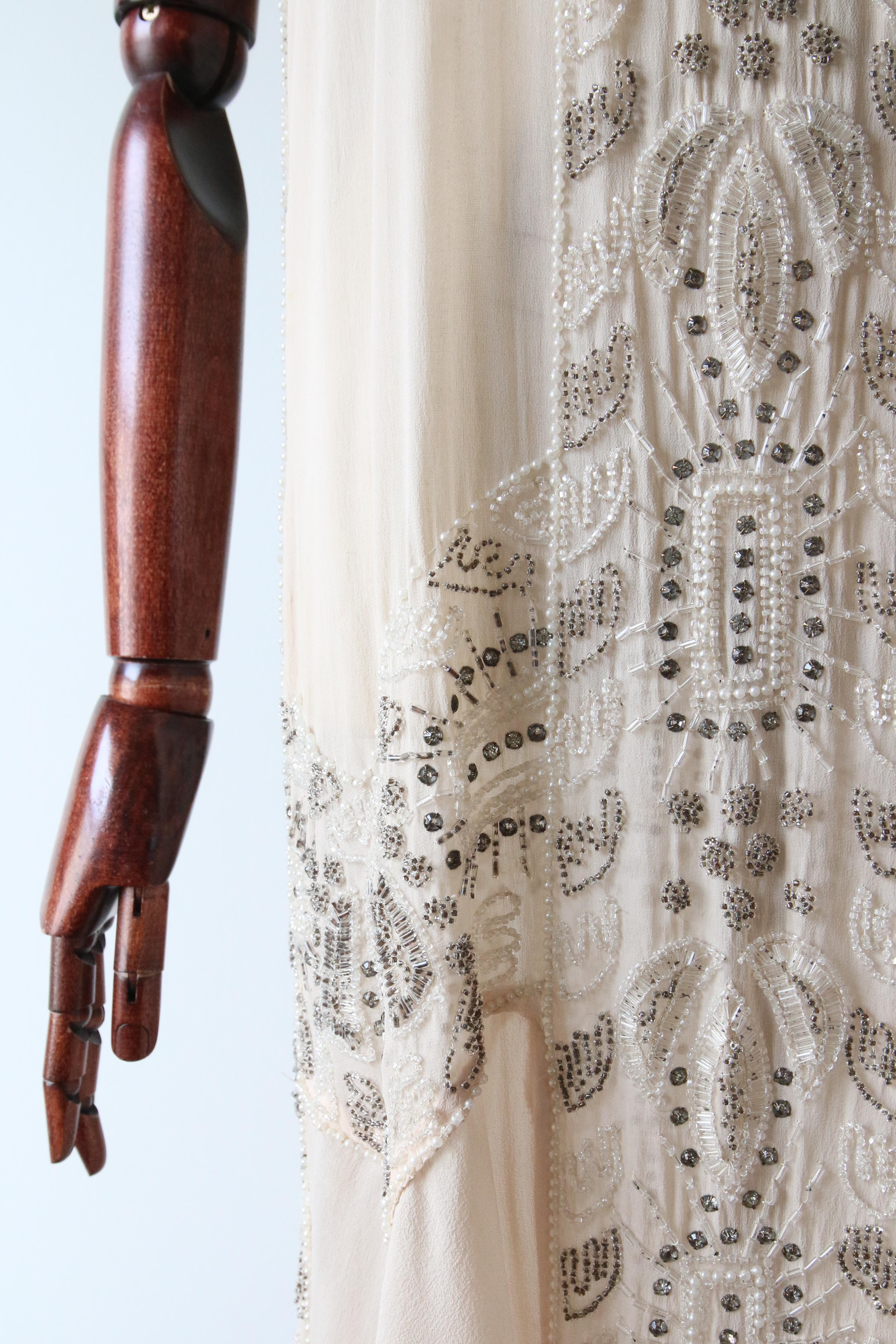 Beige Vintage 1920's blush silk chiffon beaded flapper dress silver and pink UK 8-10 For Sale
