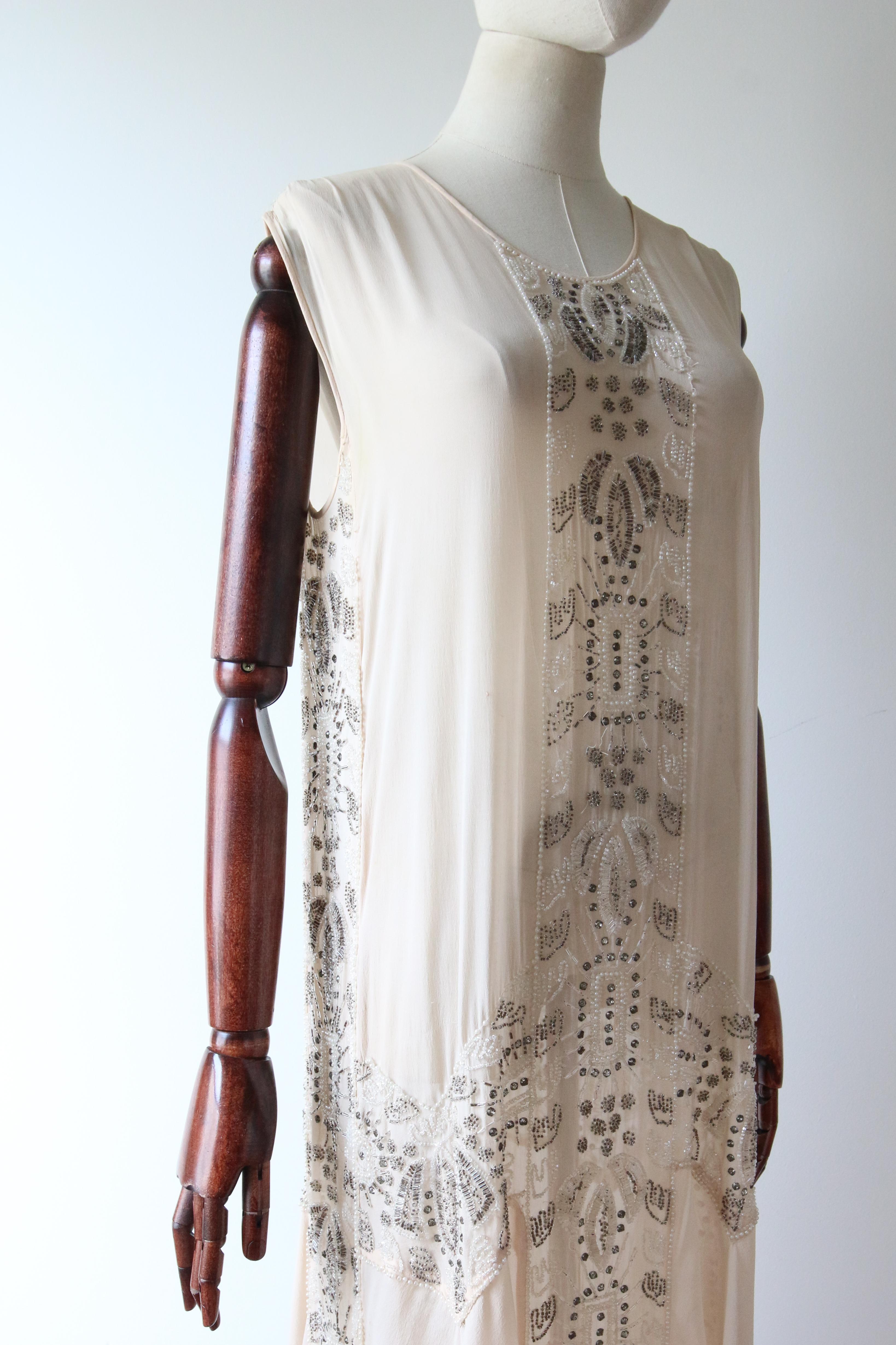 Women's Vintage 1920's blush silk chiffon beaded flapper dress silver and pink UK 8-10 For Sale