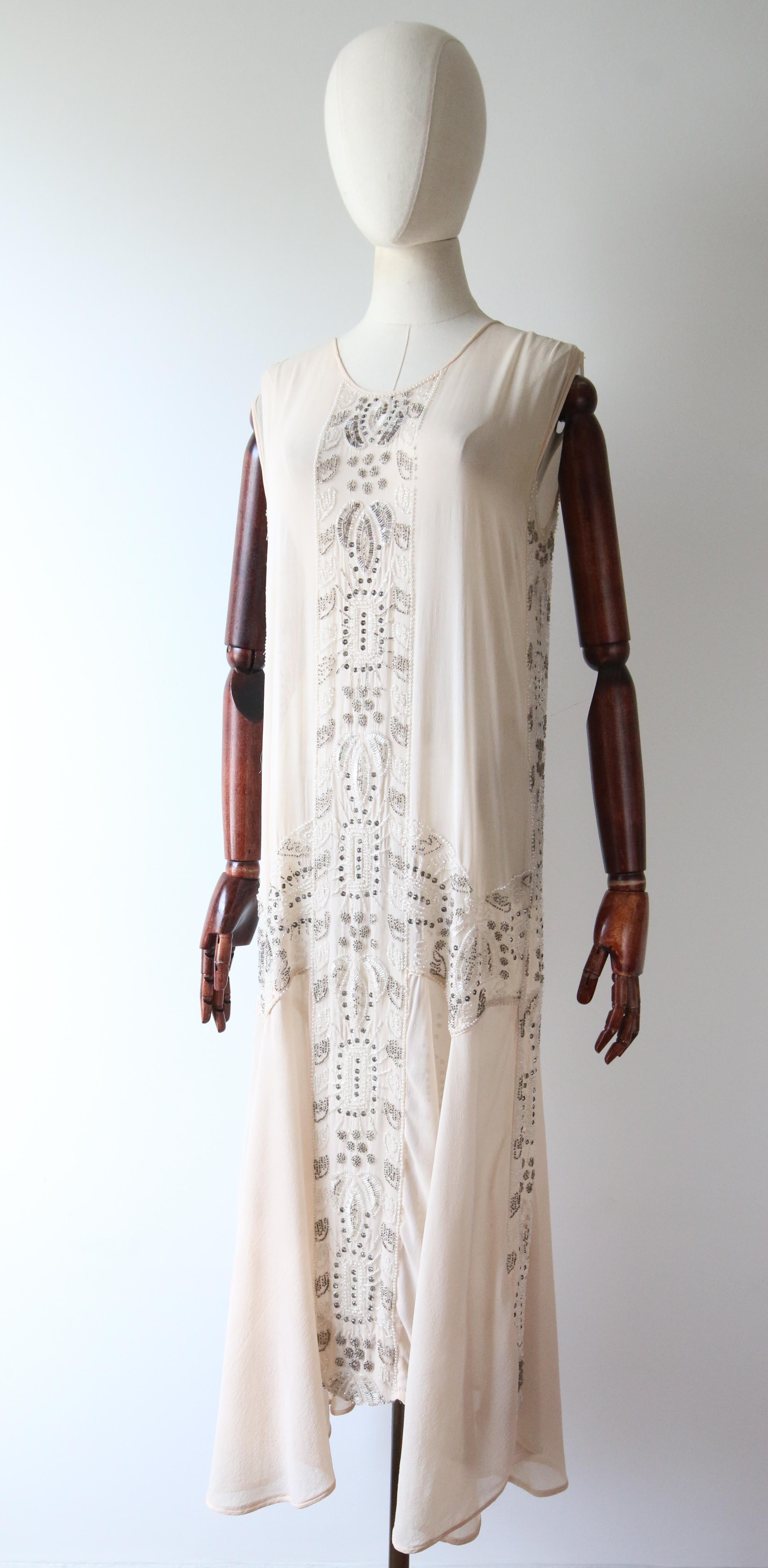 Vintage 1920's blush silk chiffon beaded flapper dress silver and pink UK 8-10 For Sale 2
