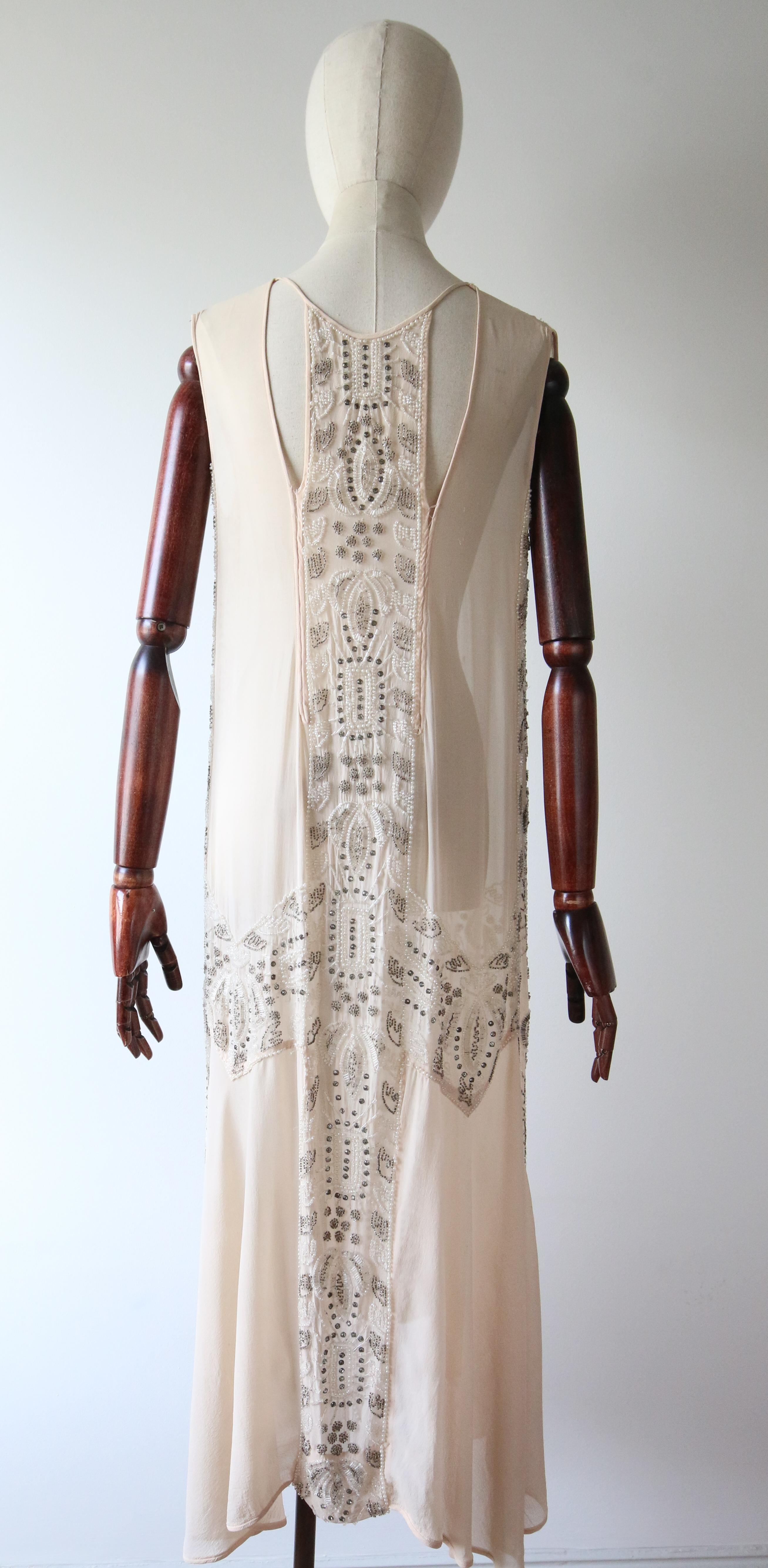 Vintage 1920's blush silk chiffon beaded flapper dress silver and pink UK 8-10 For Sale 4