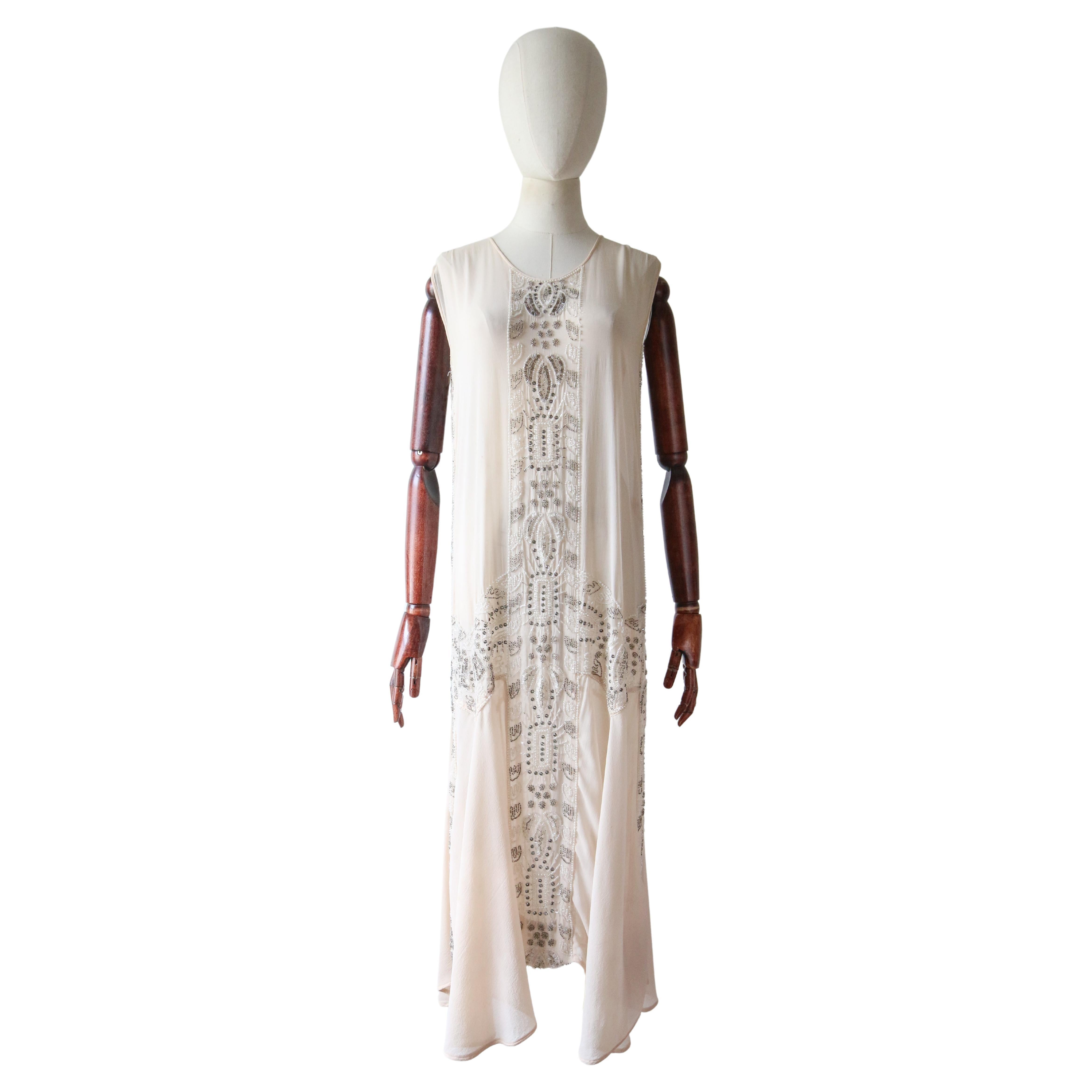 Vintage 1920's blush silk chiffon beaded flapper dress silver and pink UK 8-10 For Sale