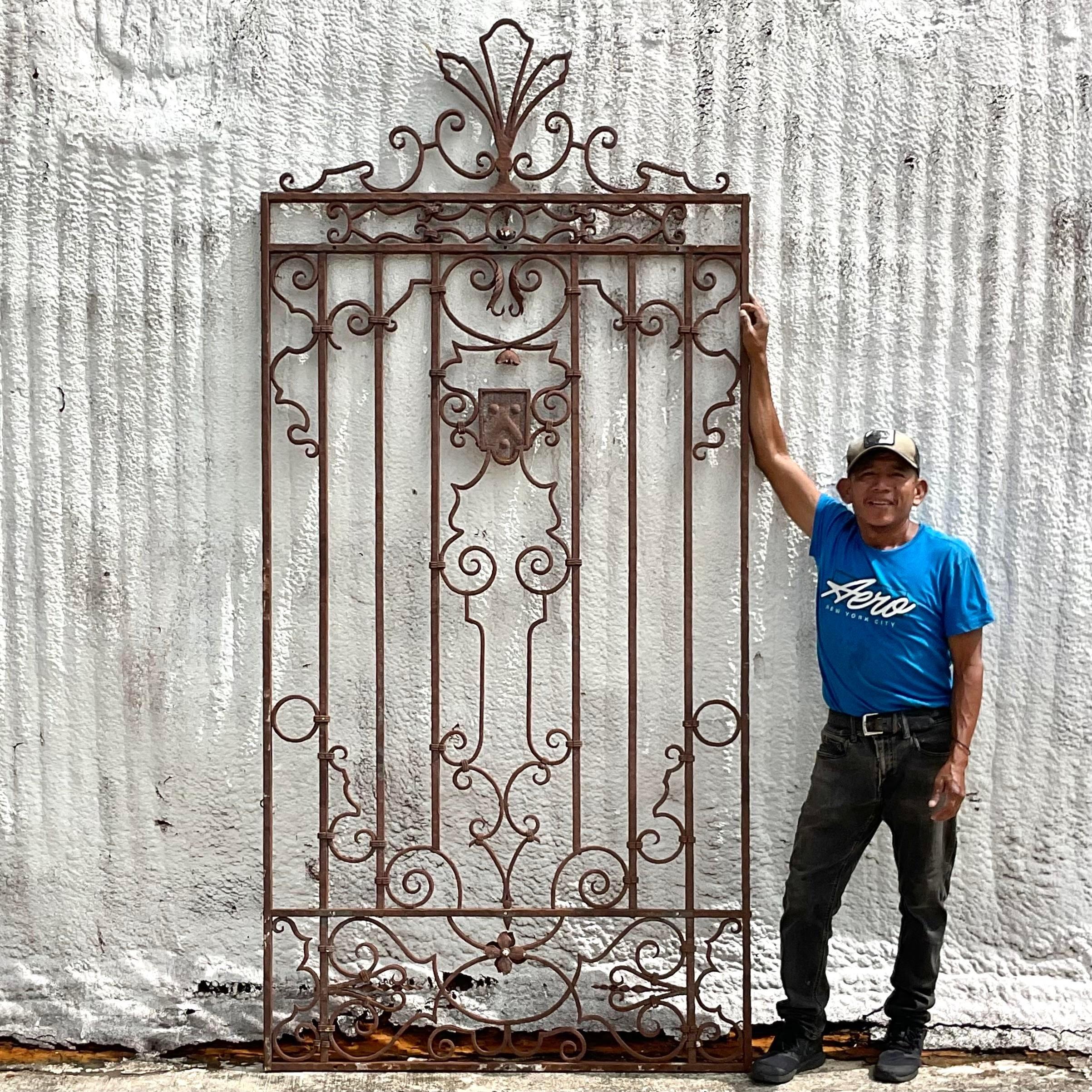 Vintage 1920s Boho Palm Beach Wrought Iron Gate After Mizner For Sale 1