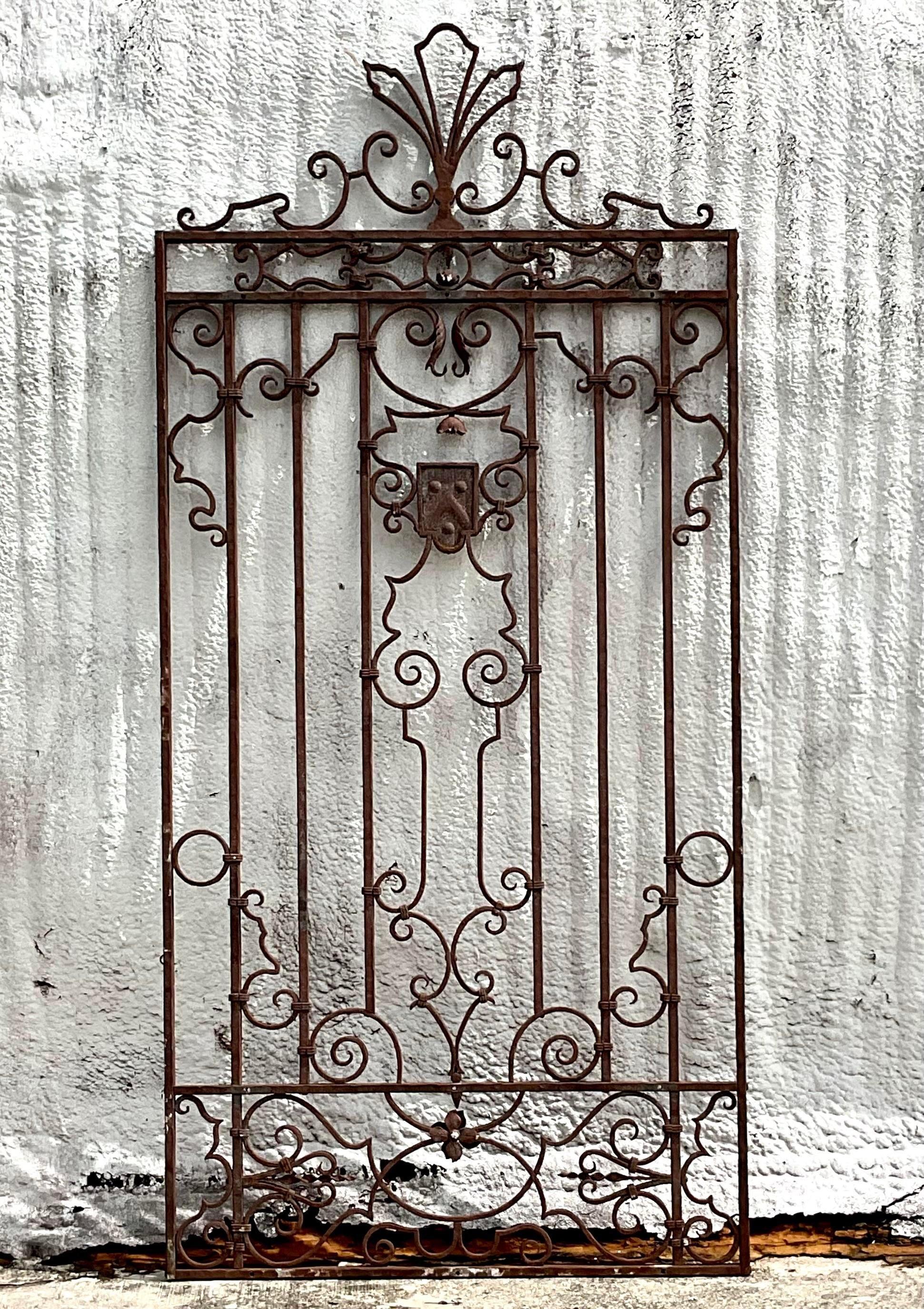 Vintage 1920s Boho Palm Beach Wrought Iron Gate After Mizner For Sale 2