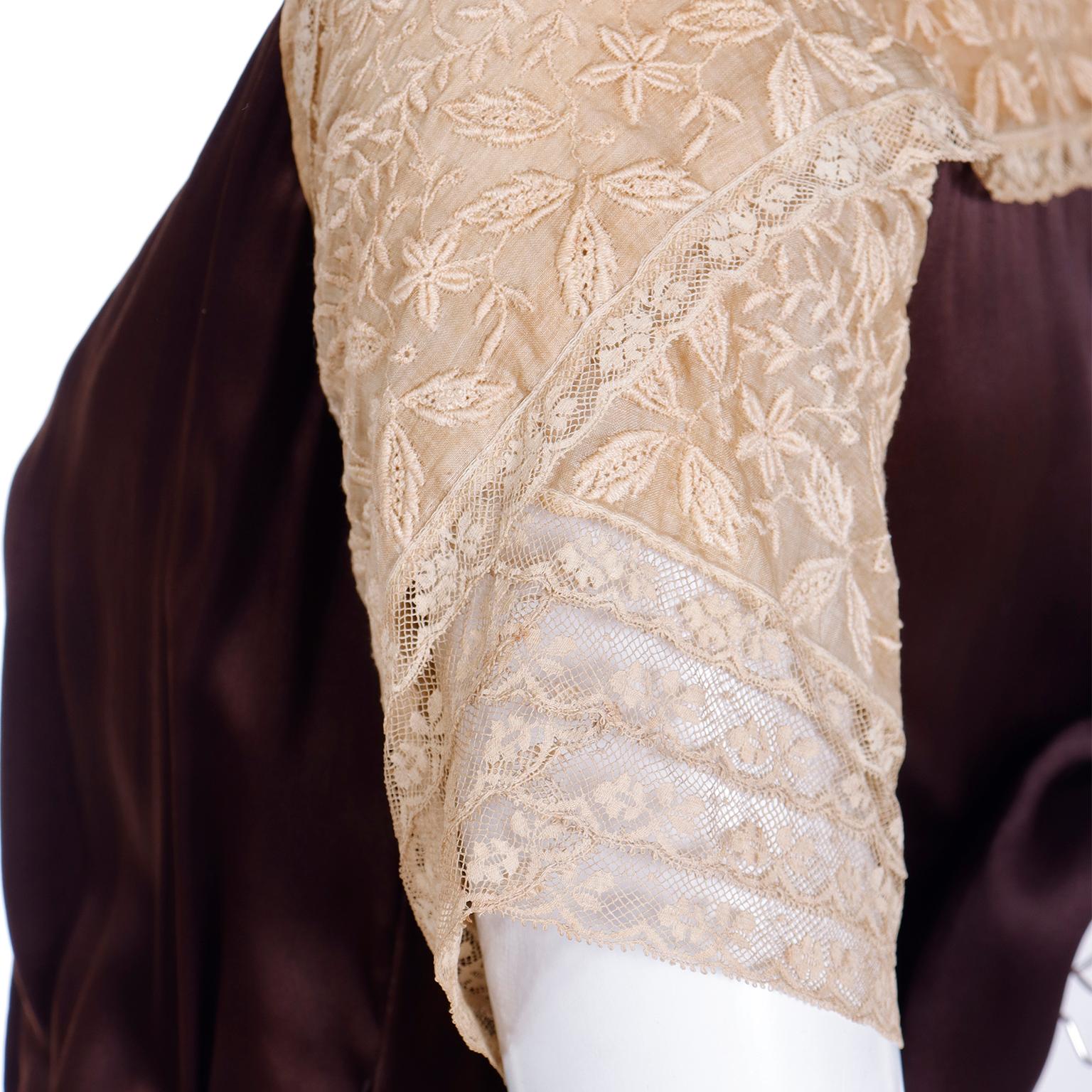 Vintage 1920s Brown Horizontally Pleated Silk Dress With Lace Detail For Sale 6