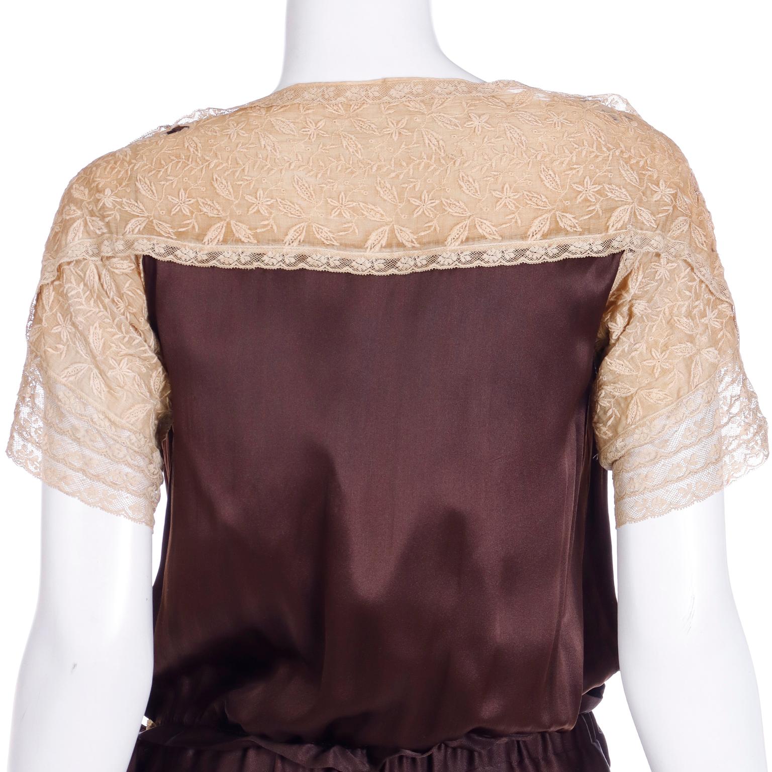 Vintage 1920s Brown Horizontally Pleated Silk Dress With Lace Detail For Sale 4