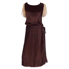Vintage 1920s Brown Horizontally Pleated Silk Dress With Lace Detail