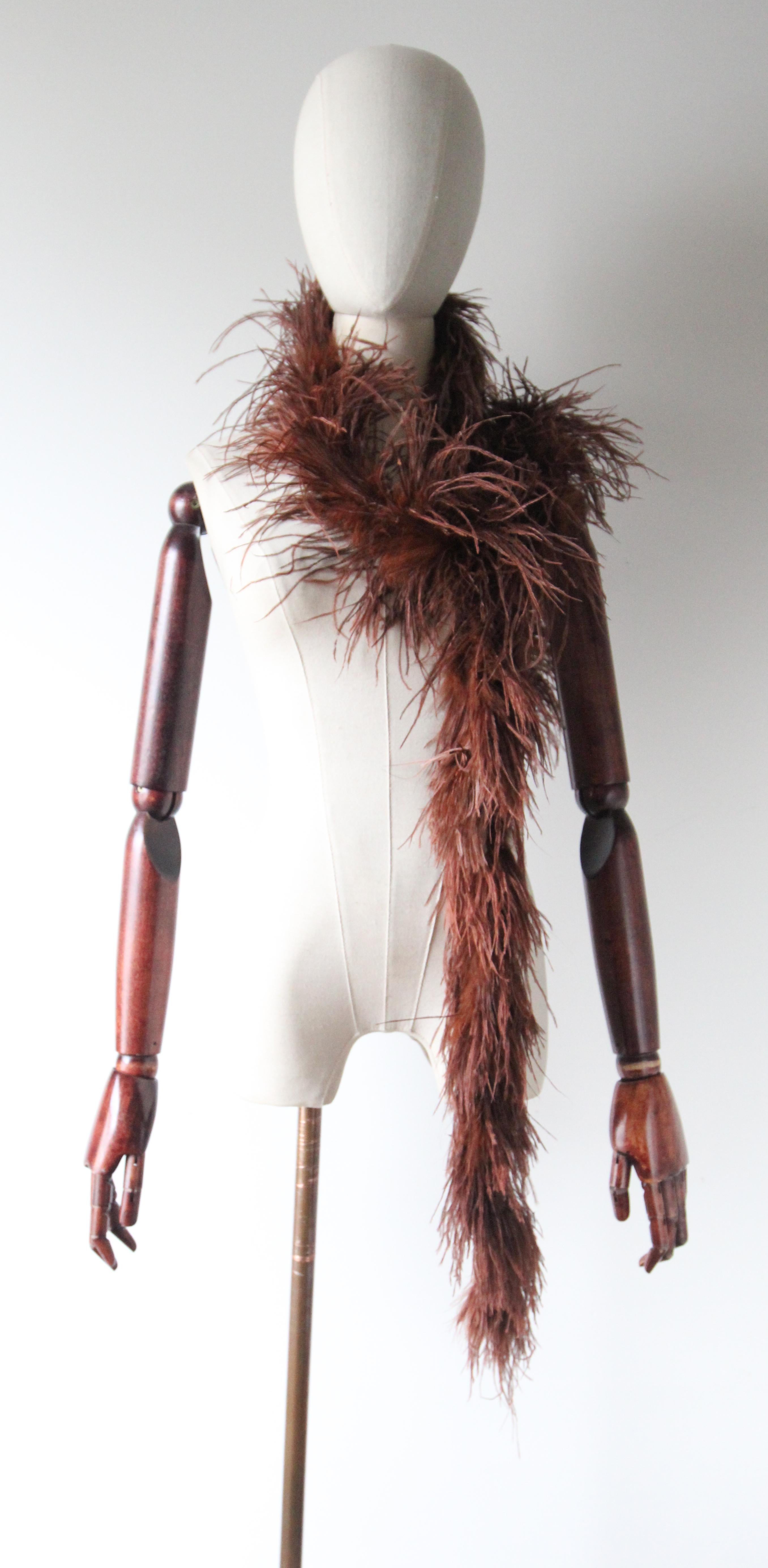 This rare and beautiful 1920's chestnut coloured ostrich feather boa, with a long length and feathery finish  is the perfect finishing touch to any outfit.

Label: None

Measurements of the Boa

Width: up to 4 inches

Length: 82