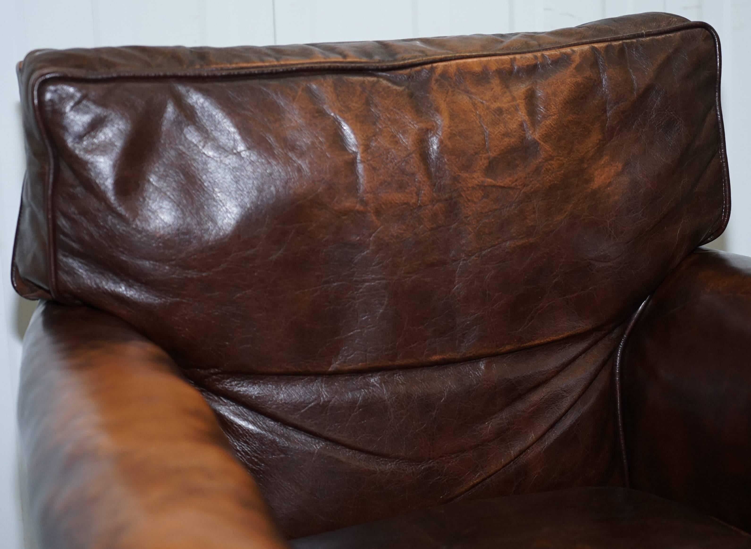 Vintage 1920s Coil Sprung Aged Brown Leather Club Armchair on Castors Rare Find 2