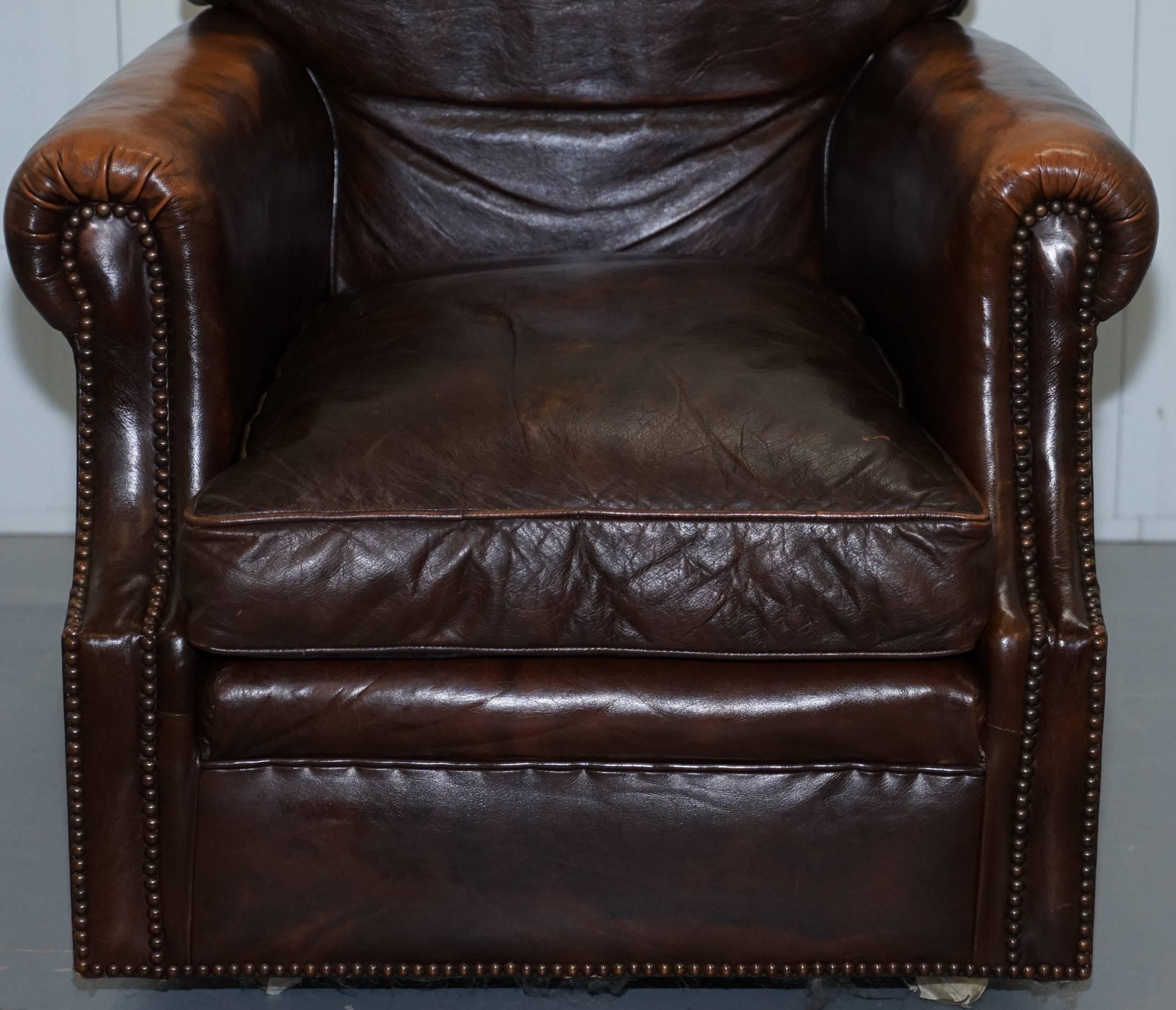 Vintage 1920s Coil Sprung Aged Brown Leather Club Armchair on Castors Rare Find 3
