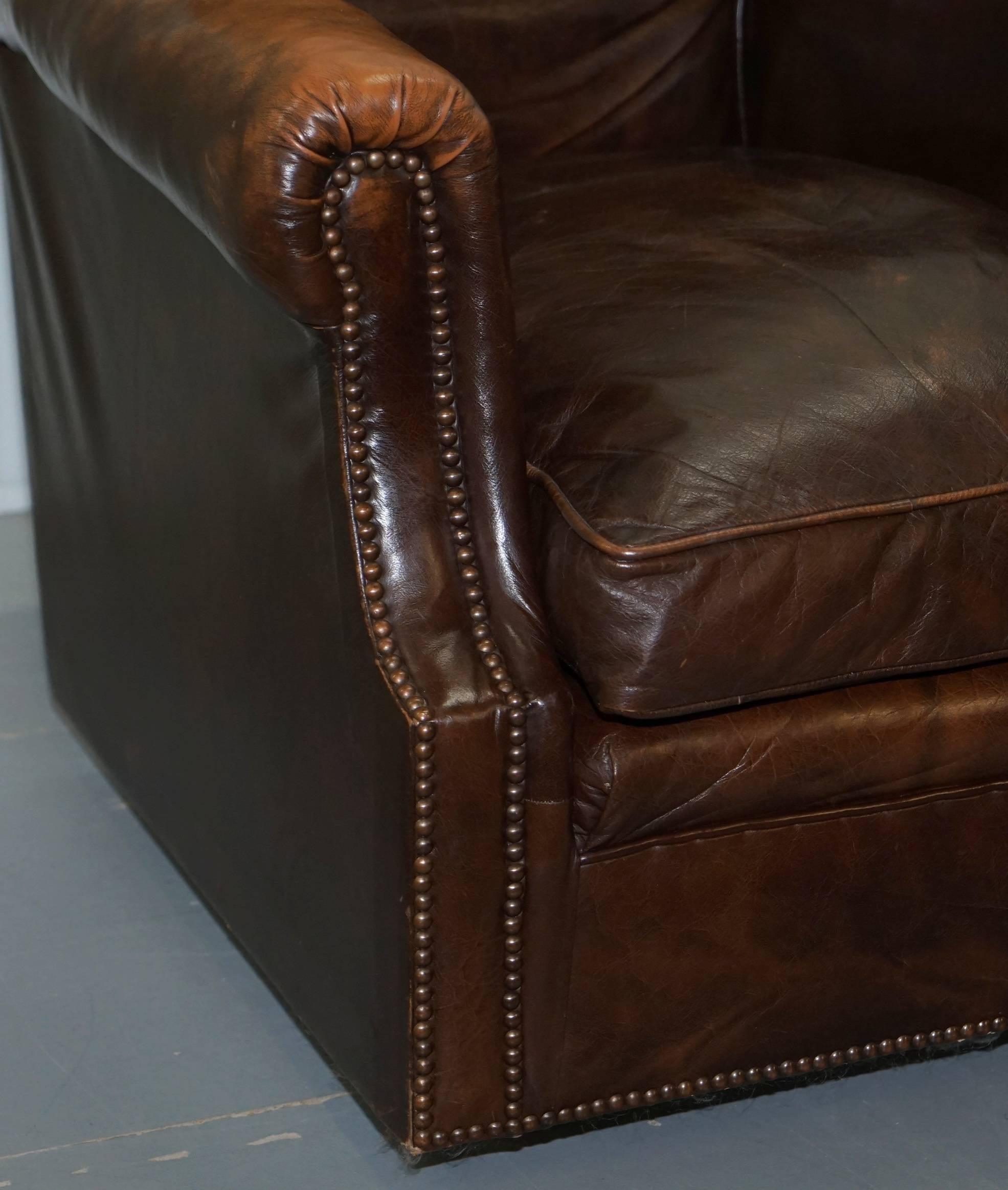Vintage 1920s Coil Sprung Aged Brown Leather Club Armchair on Castors ...