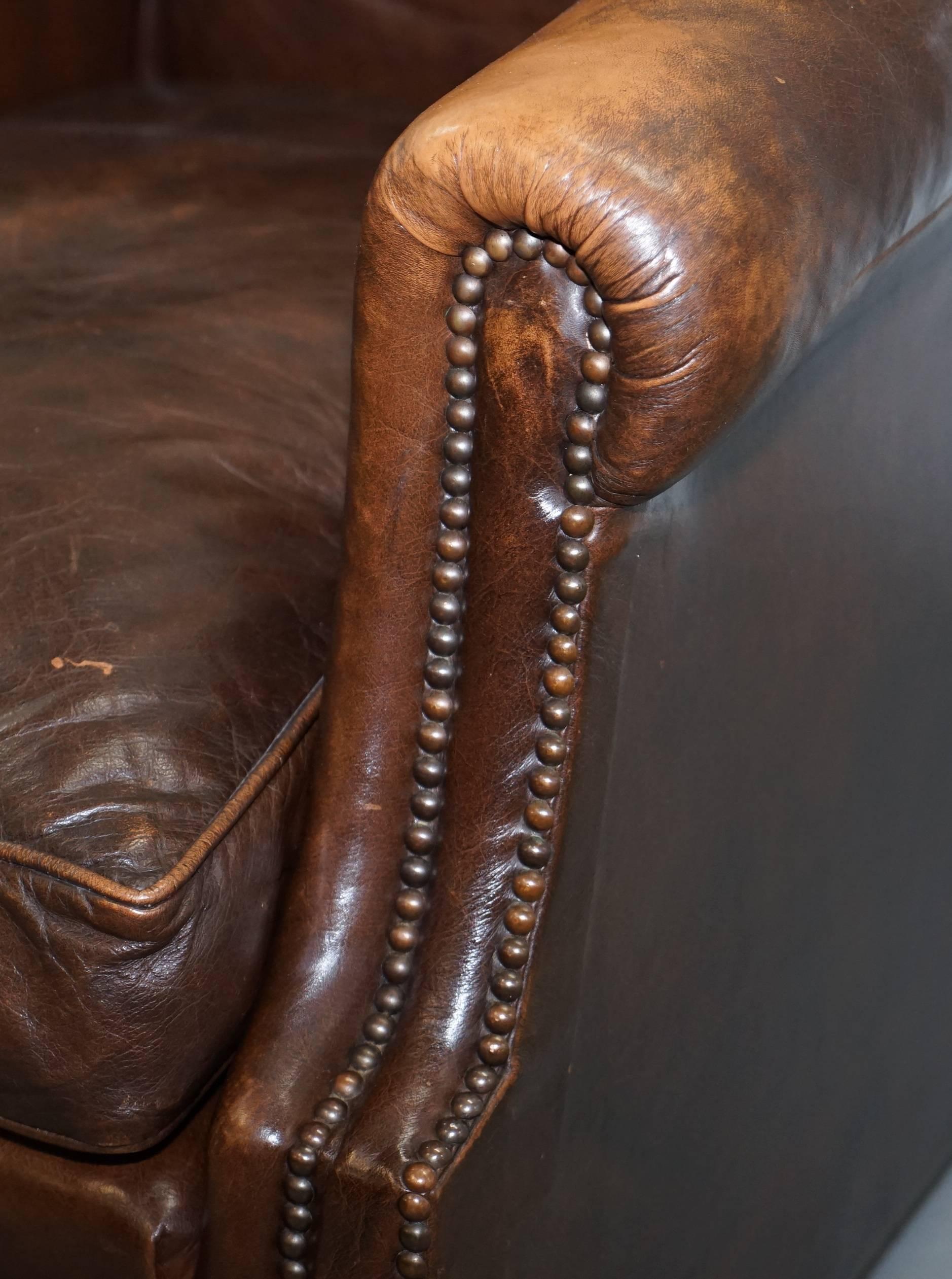 Vintage 1920s Coil Sprung Aged Brown Leather Club Armchair on Castors Rare Find 6