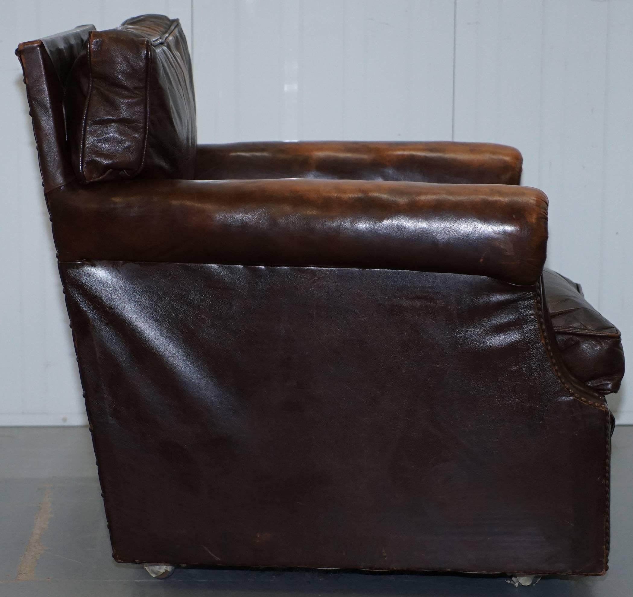Vintage 1920s Coil Sprung Aged Brown Leather Club Armchair on Castors Rare Find 9