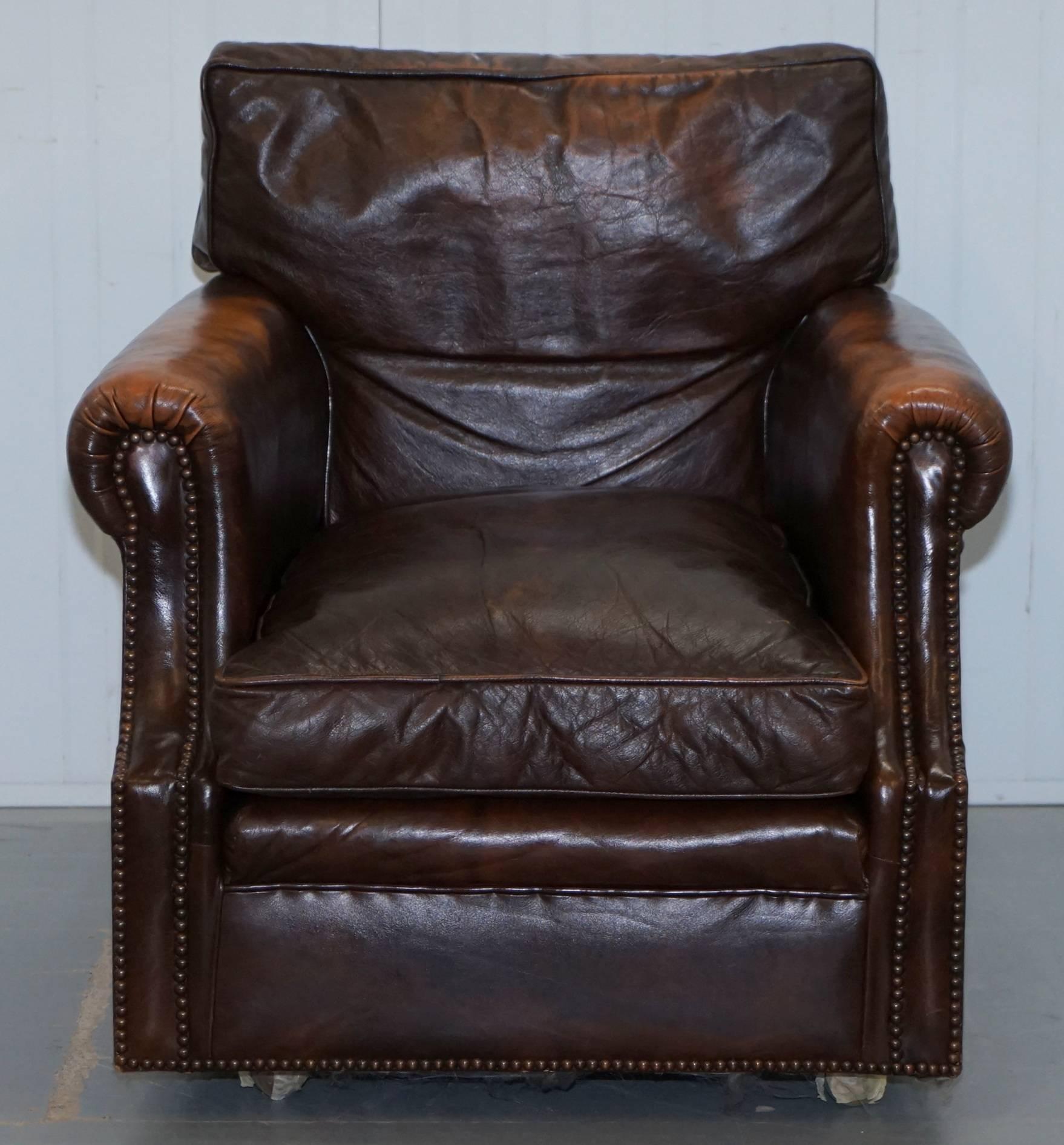 We are delighted to offer for sale this lovely 1920’s vintage aged brown leather club armchair

A very good looking well-made piece, most likely English, its sprung all over including the arms, the seat base and back cushion are feather filled,