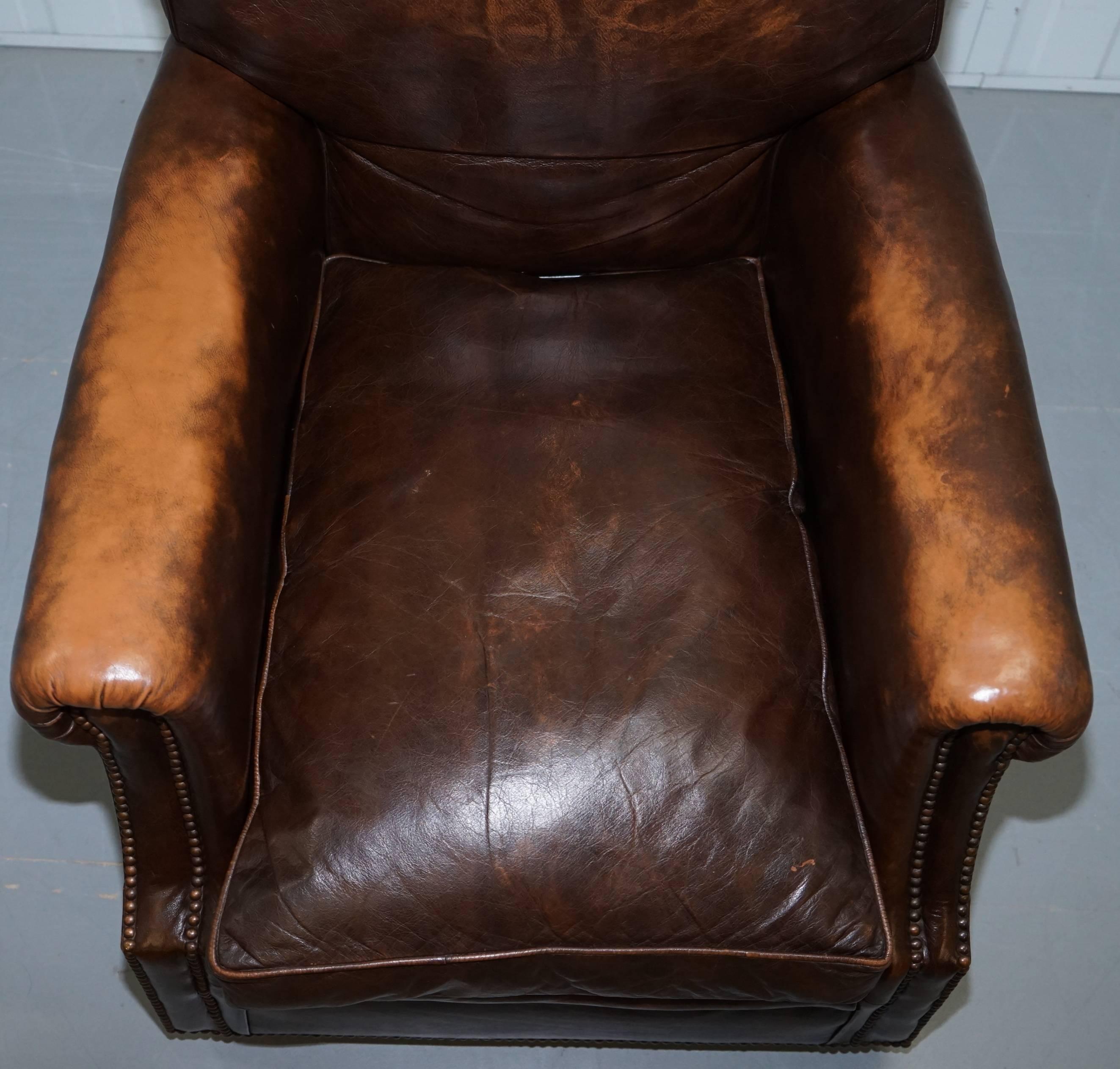 Art Deco Vintage 1920s Coil Sprung Aged Brown Leather Club Armchair on Castors Rare Find