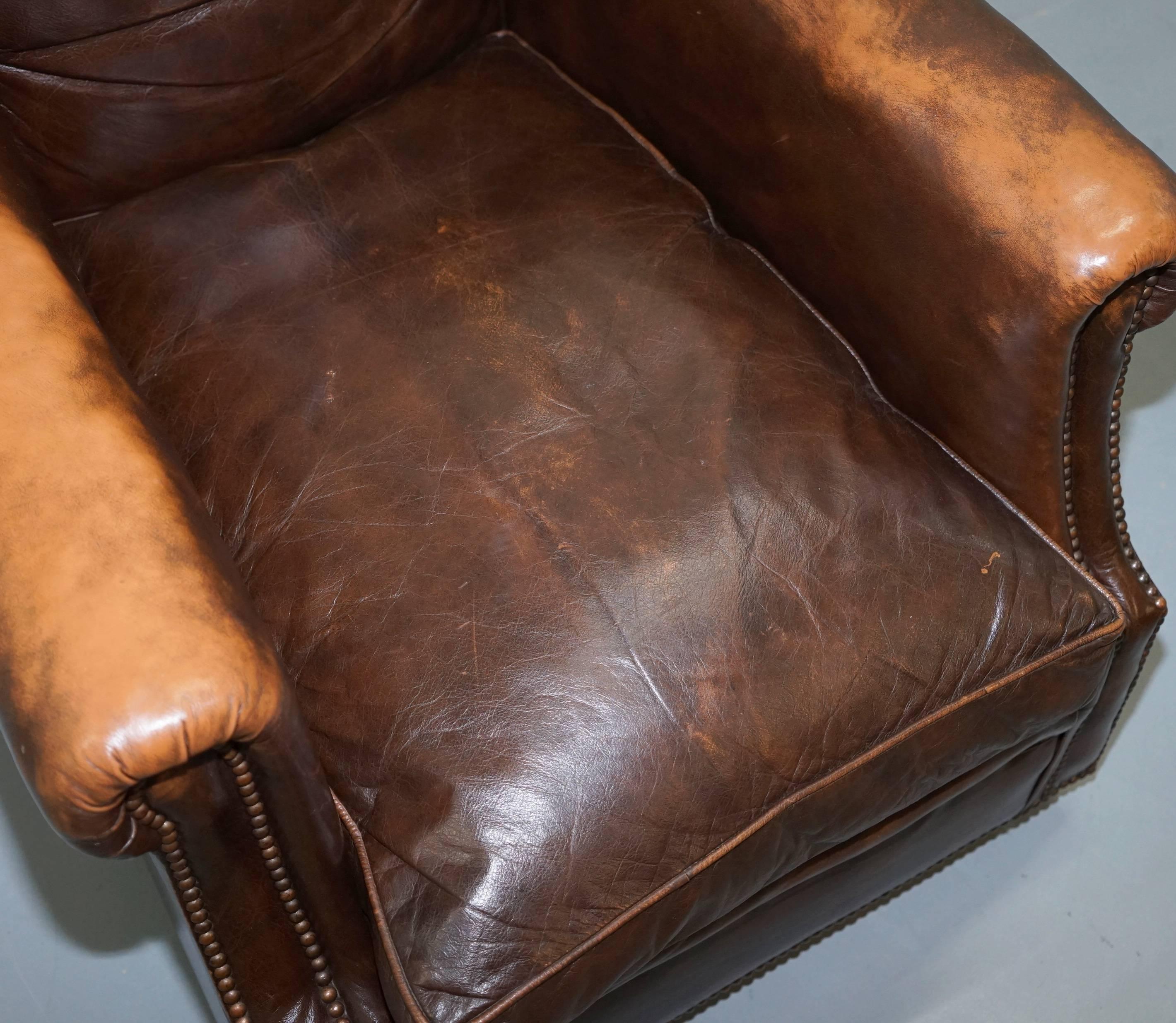 Vintage 1920s Coil Sprung Aged Brown Leather Club Armchair on Castors ...