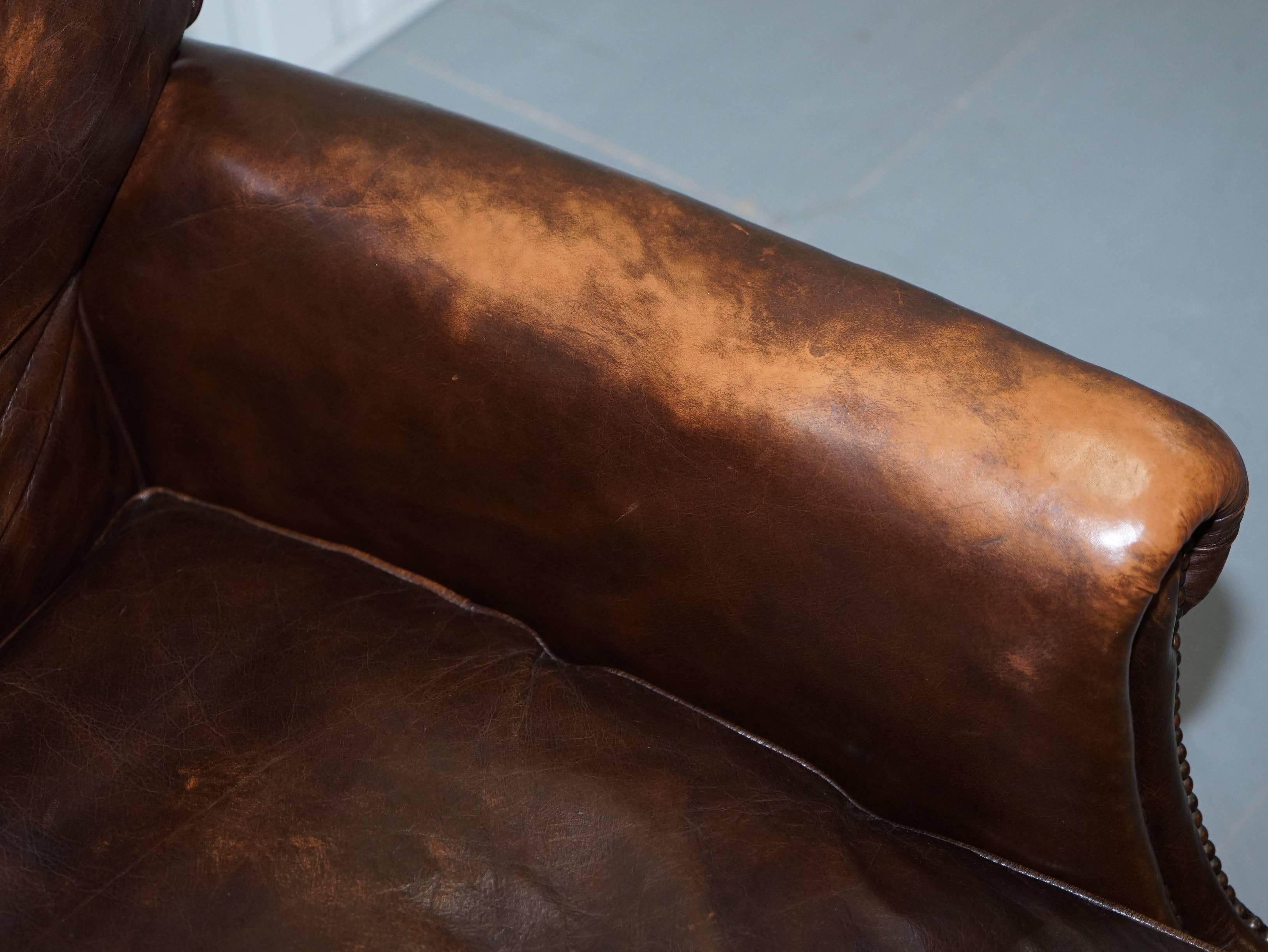 20th Century Vintage 1920s Coil Sprung Aged Brown Leather Club Armchair on Castors Rare Find