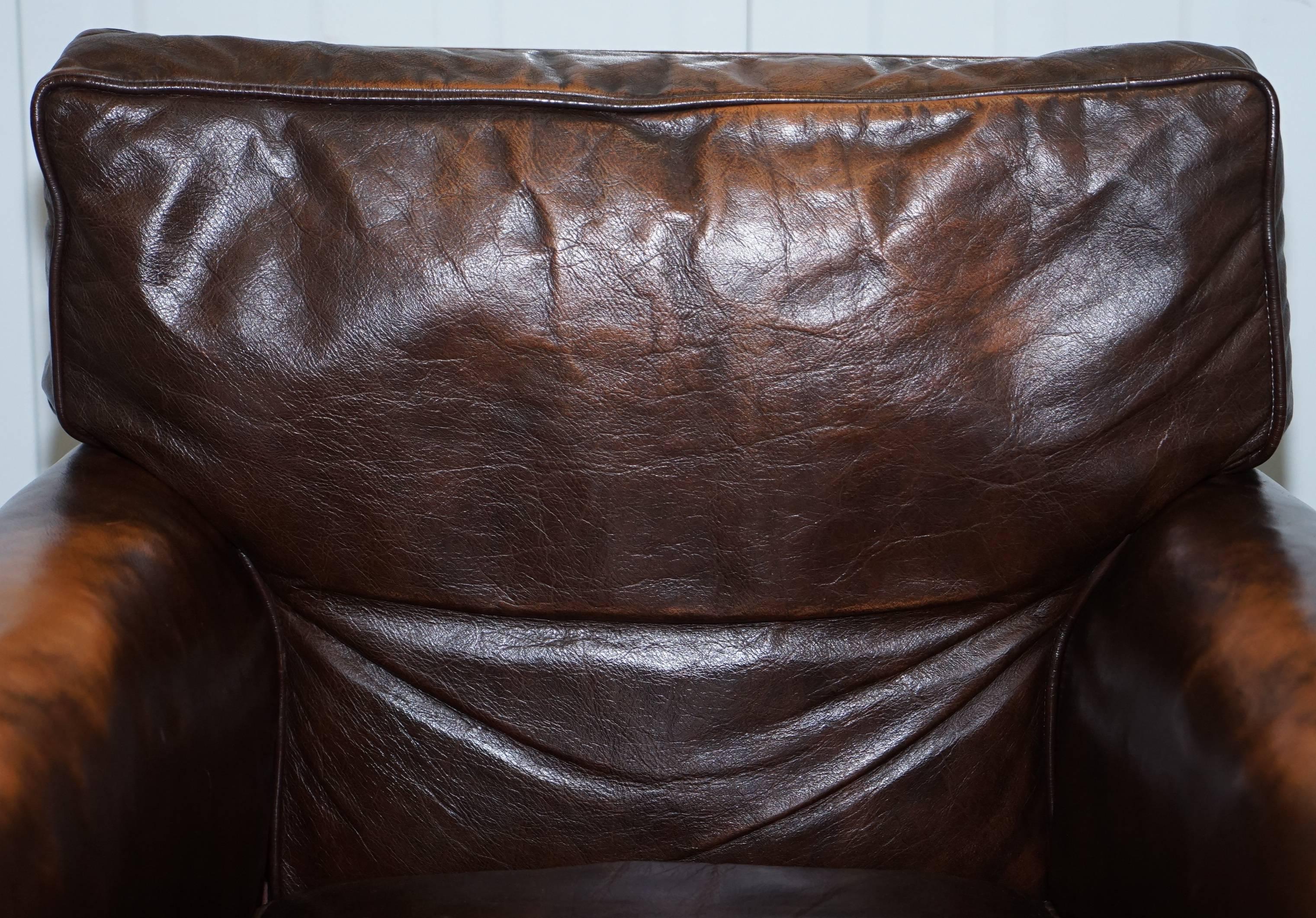 Vintage 1920s Coil Sprung Aged Brown Leather Club Armchair on Castors Rare Find 1