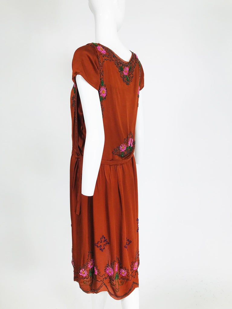 Vintage 1920s copper silk satin beaded flapper dress For Sale at 1stDibs