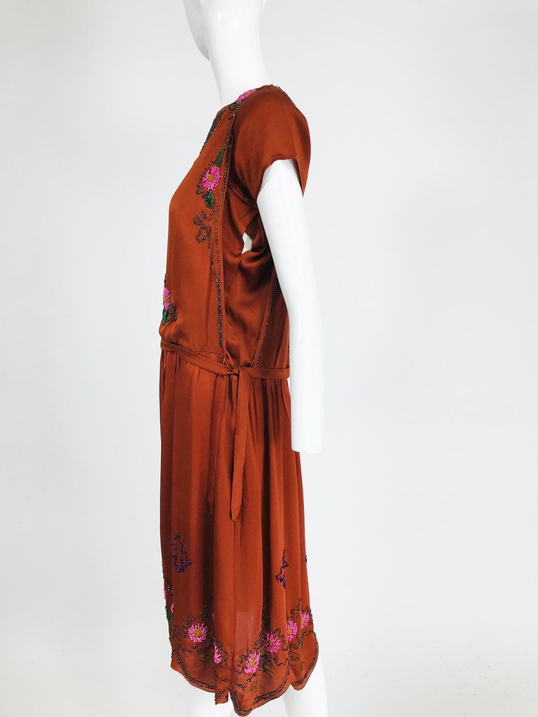 Vintage 1920s copper silk satin beaded flapper dress For Sale at 1stDibs
