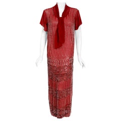 Vintage 1920's Couture Burgundy Red Beaded Sheer Silk Scarf-Tie Flapper Dress
