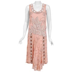 Antique 1920's Couture Pink Floral Beaded Silk Metallic Gold Lamé Flapper Dress