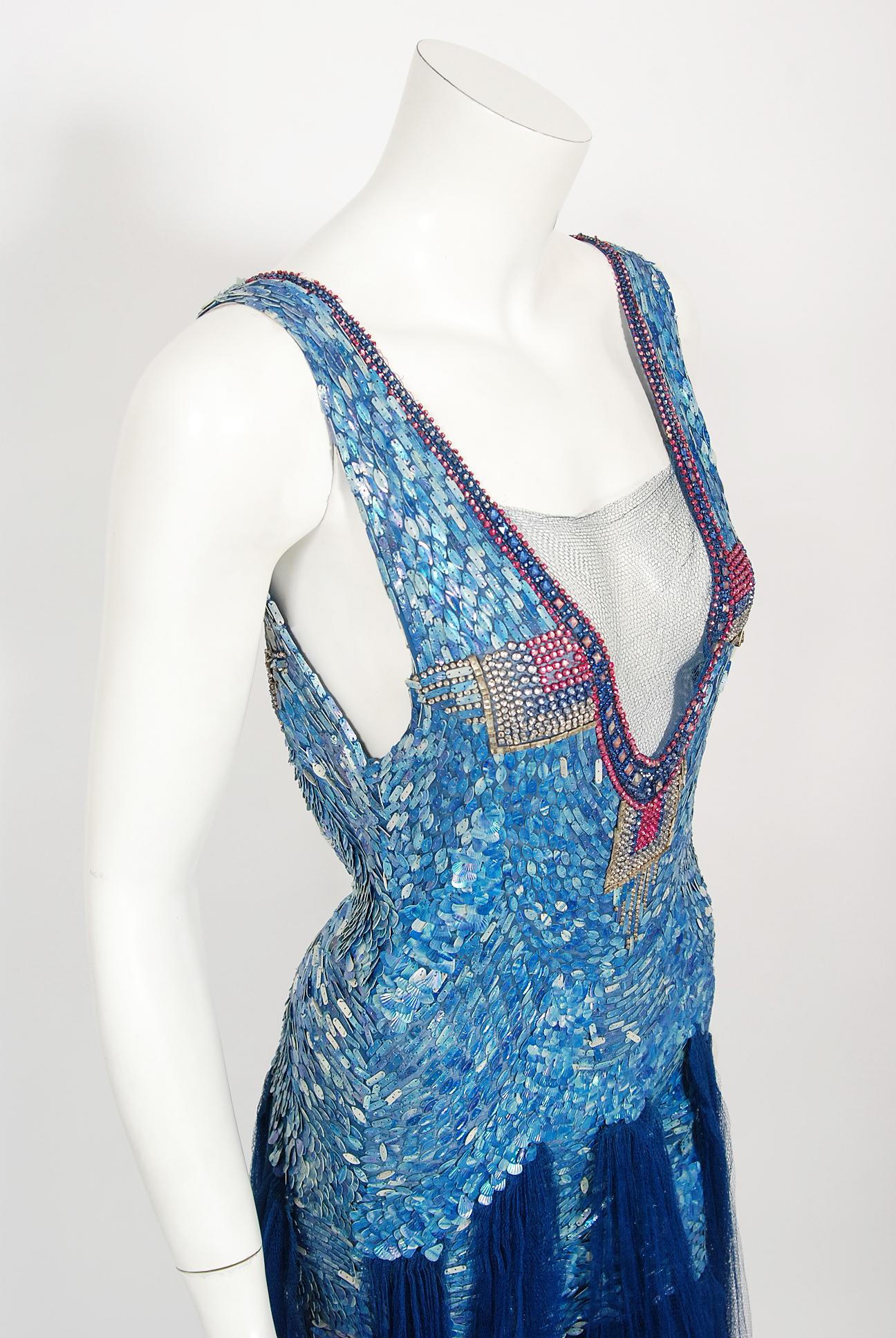 Vintage 1920's Couture Royal Blue Sequin Beaded Sheer Tulle Mermaid Flapper Gown 3