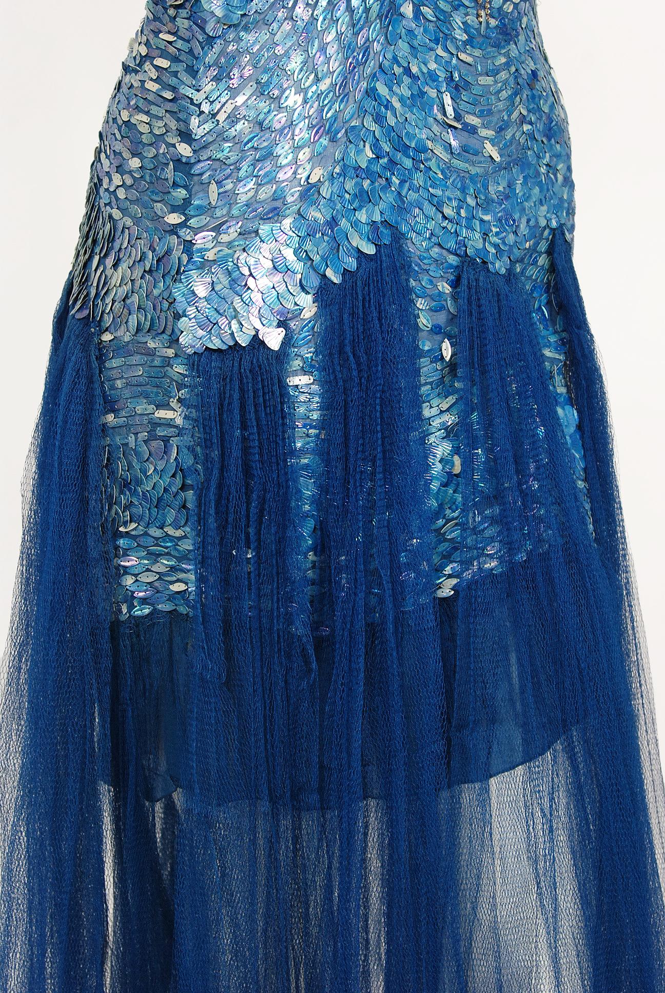 Vintage 1920's Couture Royal Blue Sequin Beaded Sheer Tulle Mermaid Flapper Gown 4