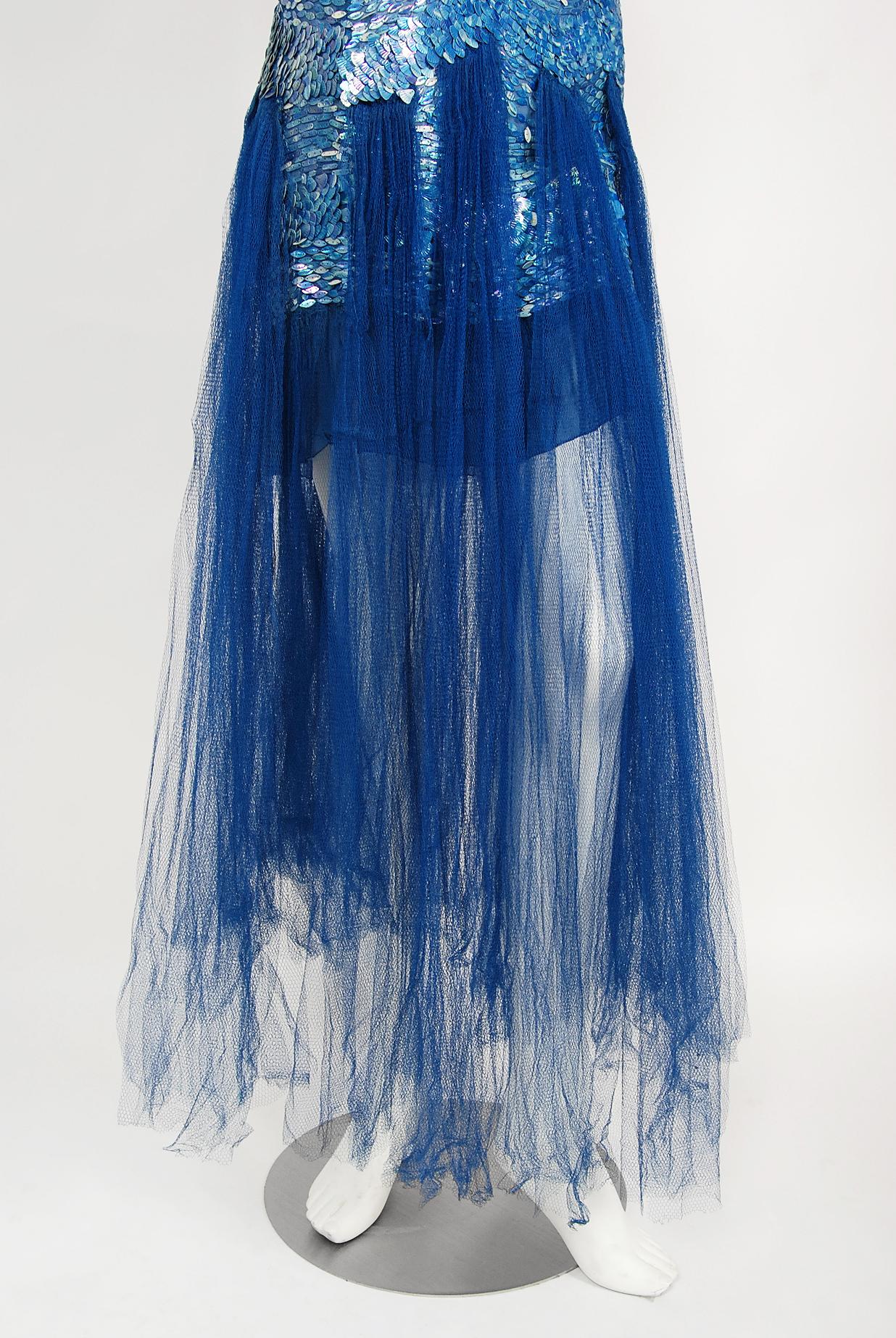 Vintage 1920's Couture Royal Blue Sequin Beaded Sheer Tulle Mermaid Flapper Gown 5