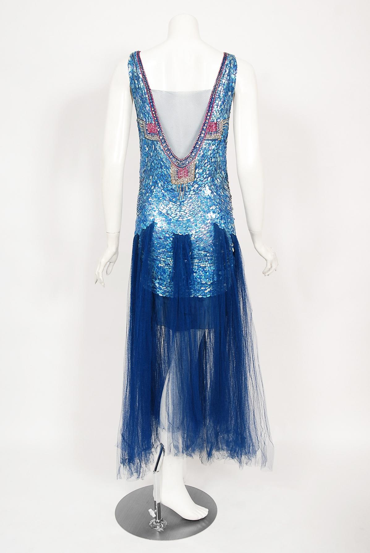 Vintage 1920's Couture Royal Blue Sequin Beaded Sheer Tulle Mermaid Flapper Gown 6