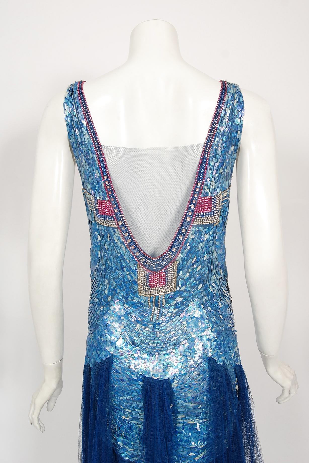 Vintage 1920's Couture Royal Blue Sequin Beaded Sheer Tulle Mermaid Flapper Gown 7