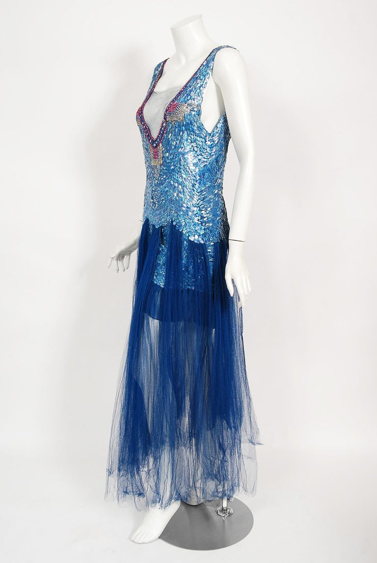 Vintage 1920's Couture Royal Blue Sequin Beaded Sheer Tulle Mermaid Flapper  Gown