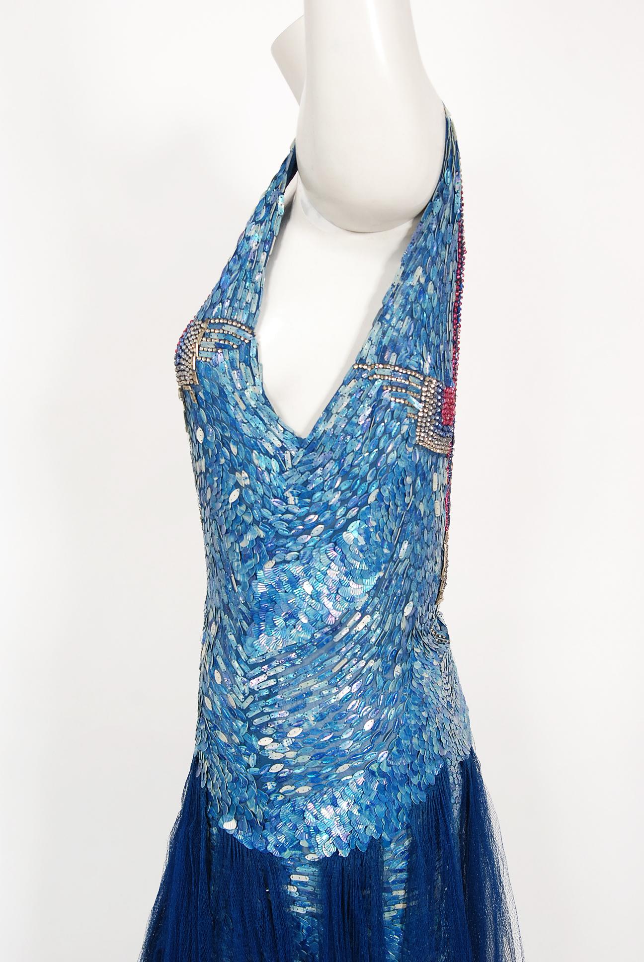 Vintage 1920's Couture Royal Blue Sequin Beaded Sheer Tulle Mermaid Flapper Gown In Good Condition In Beverly Hills, CA