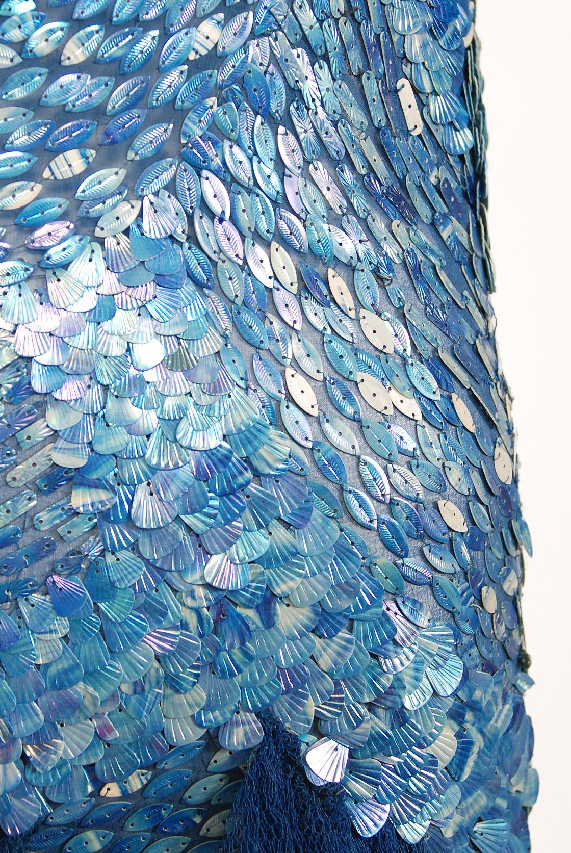 Vintage 1920's Couture Royal Blue Sequin Beaded Sheer Tulle Mermaid Flapper Gown 1