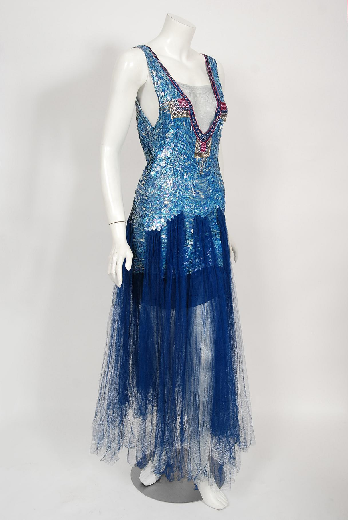 Vintage 1920's Couture Royal Blue Sequin Beaded Sheer Tulle Mermaid Flapper Gown 2