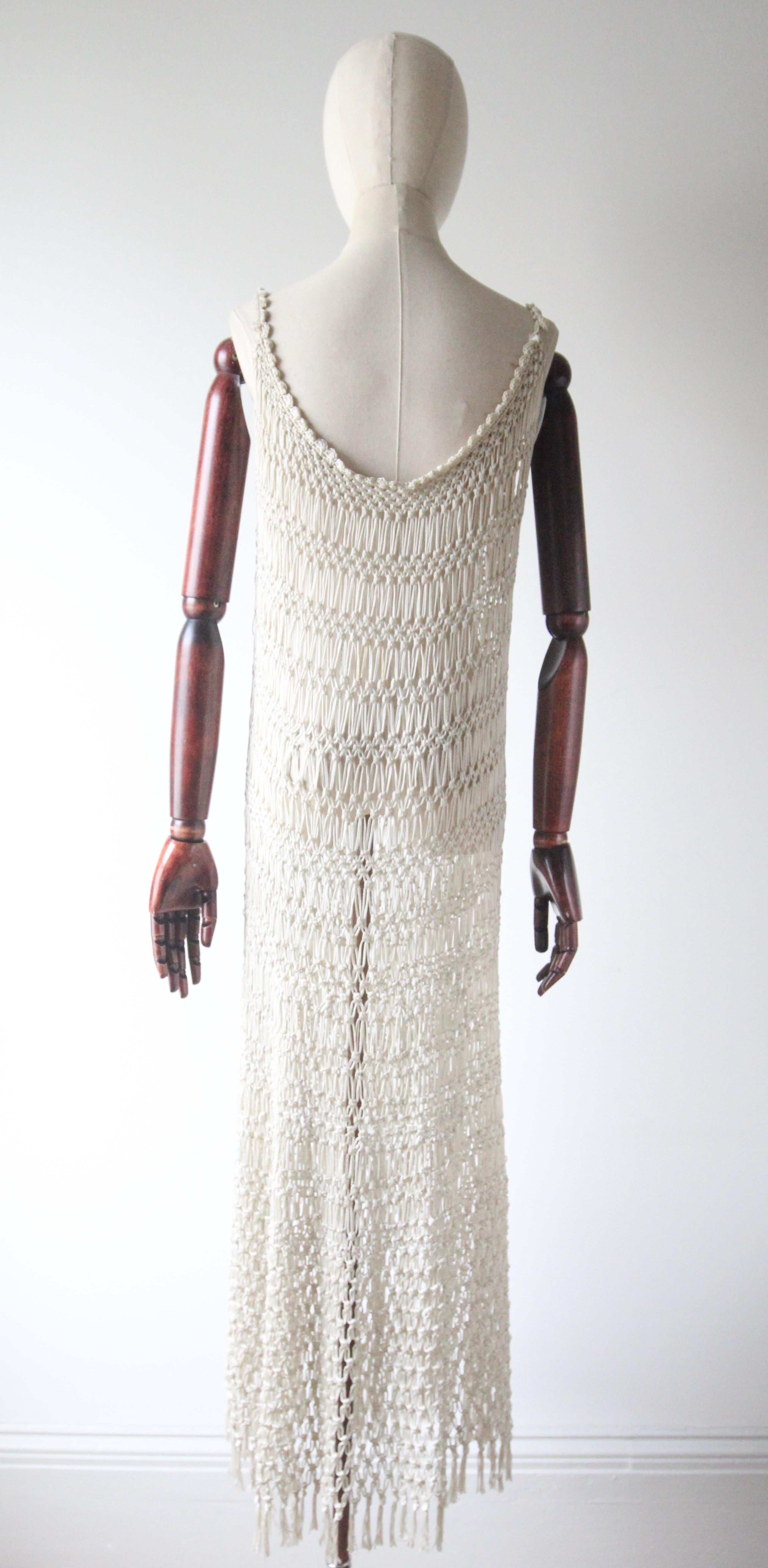 Vintage 1920's Cream Crochet Knotted Fringe Dress roaring twenties UK 10-16 For Sale 5