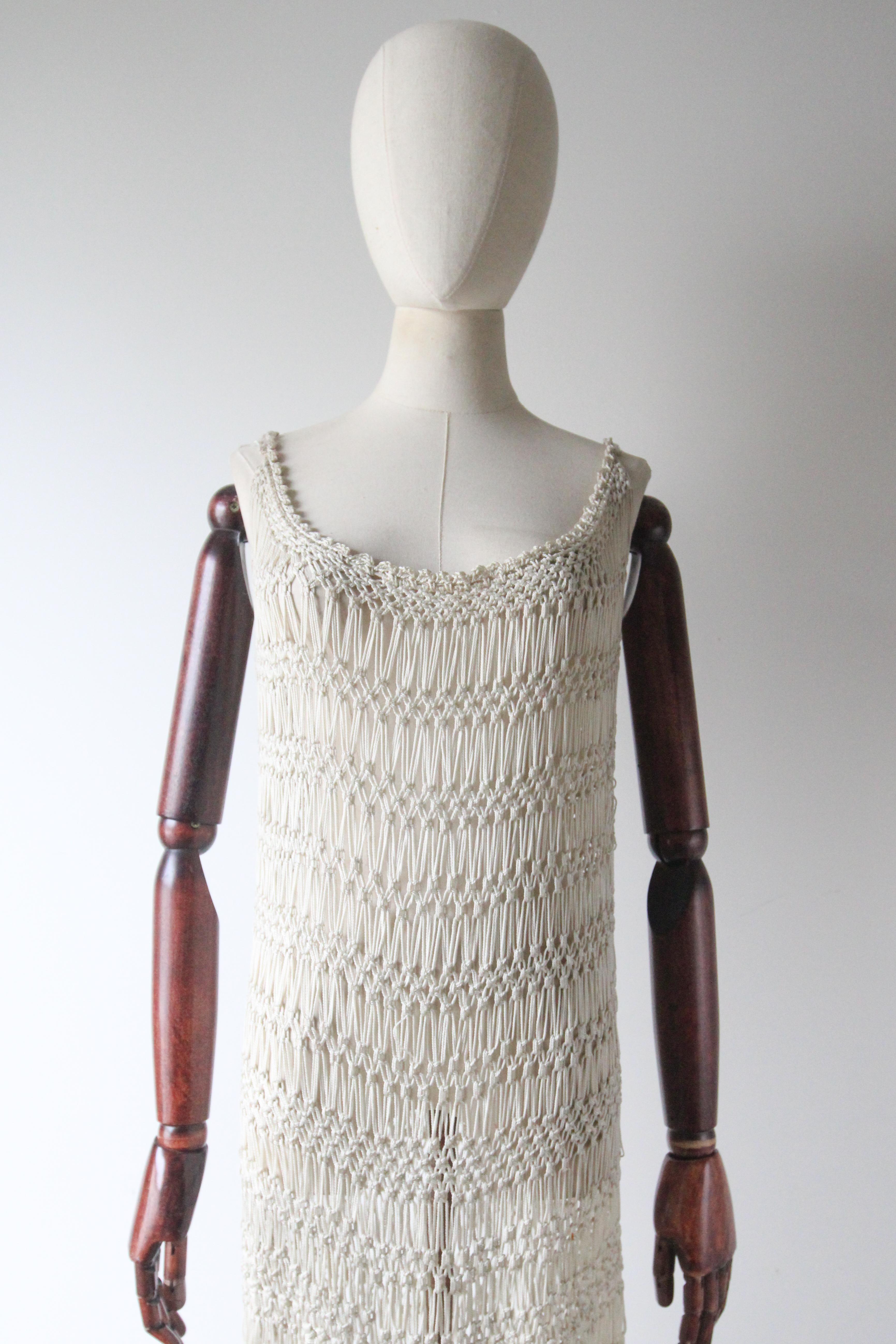Gray Vintage 1920's Cream Crochet Knotted Fringe Dress roaring twenties UK 10-16 For Sale