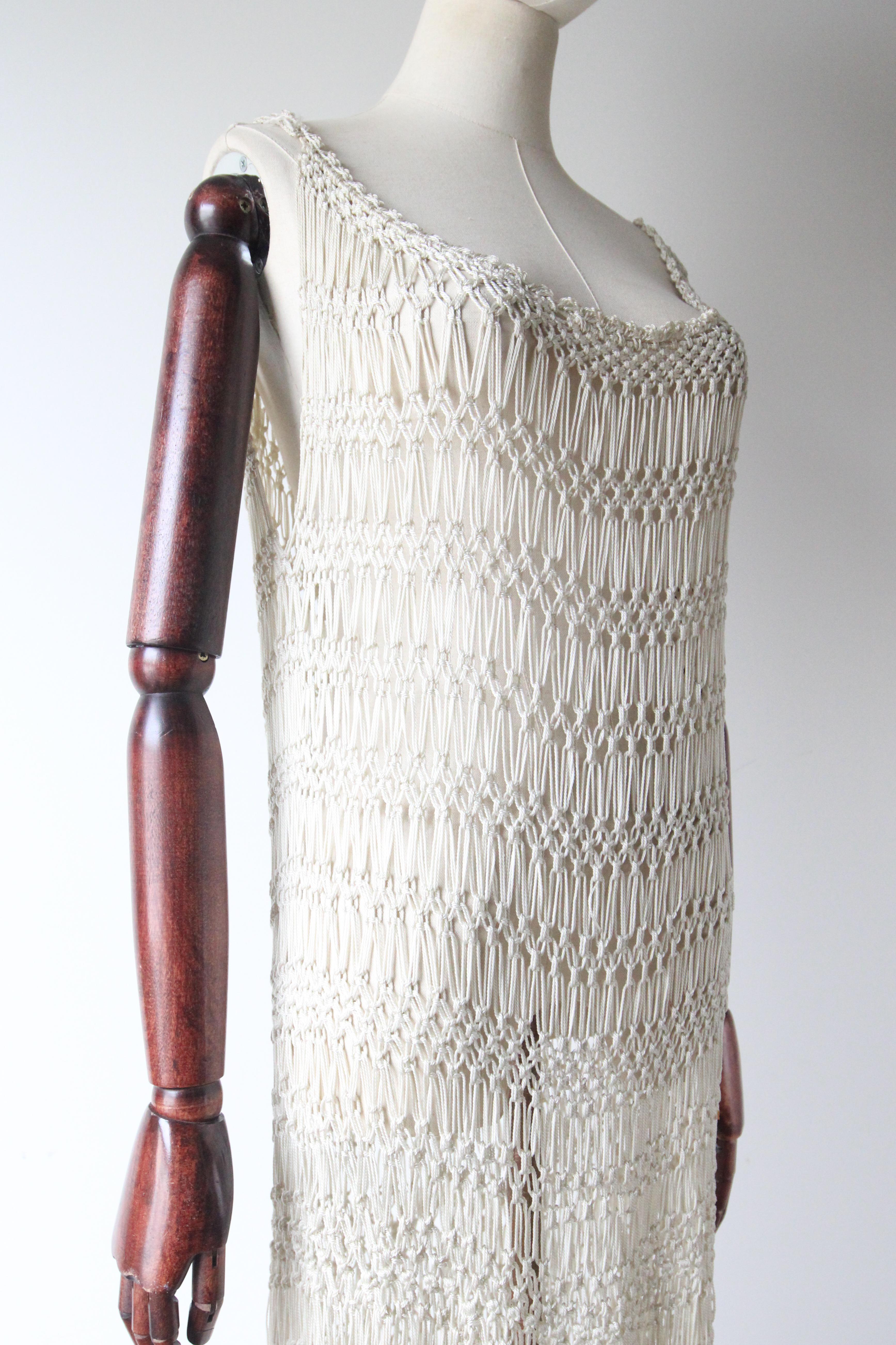 Women's or Men's Vintage 1920's Cream Crochet Knotted Fringe Dress roaring twenties UK 10-16 For Sale