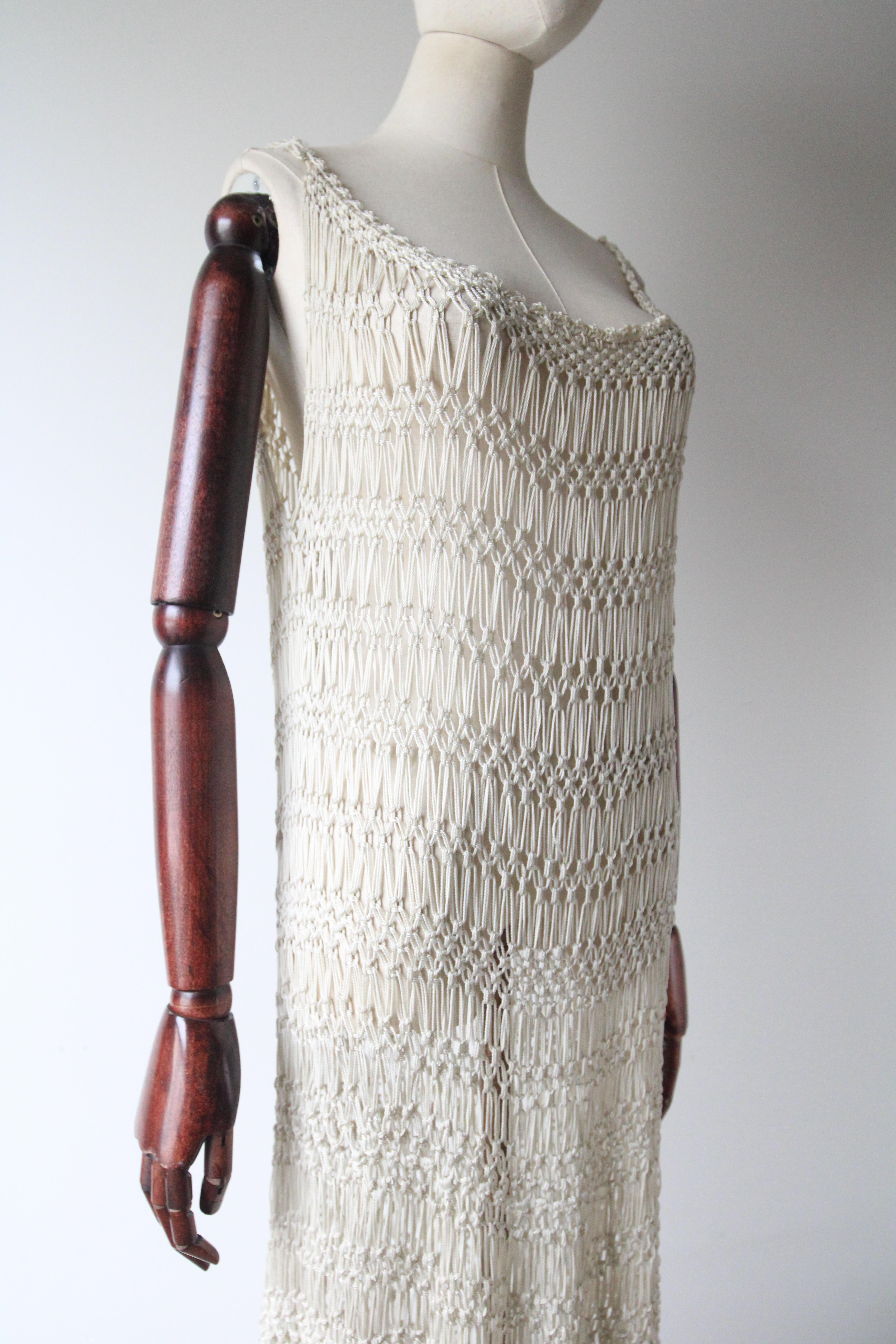 Vintage 1920's Cream Crochet Knotted Fringe Dress roaring twenties UK 10-16 For Sale 1
