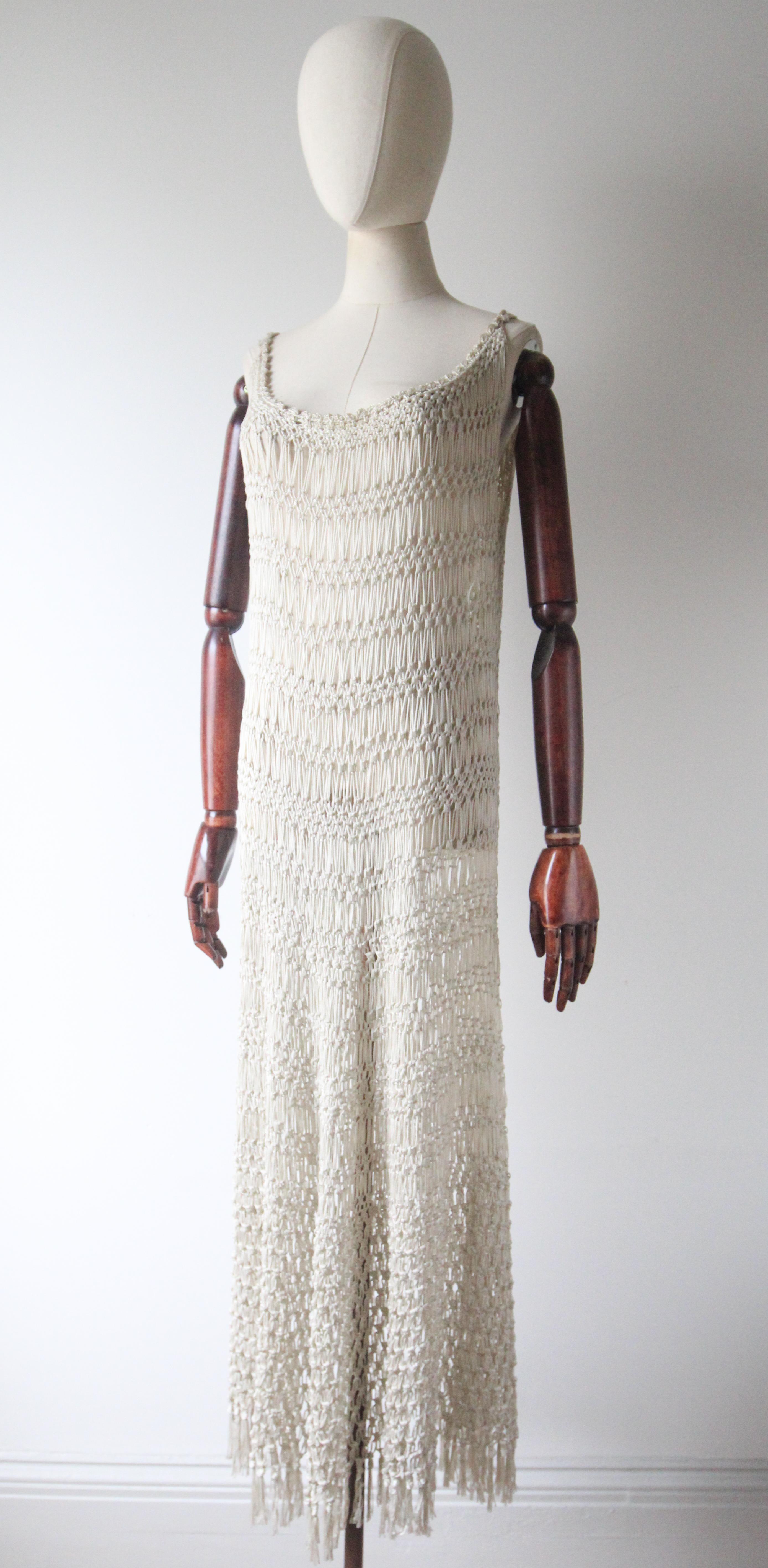 Vintage 1920's Cream Crochet Knotted Fringe Dress roaring twenties UK 10-16 For Sale 2