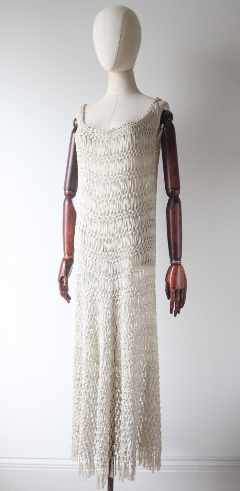 Vintage 1920's Cream Crochet Knotted Fringe Dress roaring twenties UK 10-16  For Sale at 1stDibs