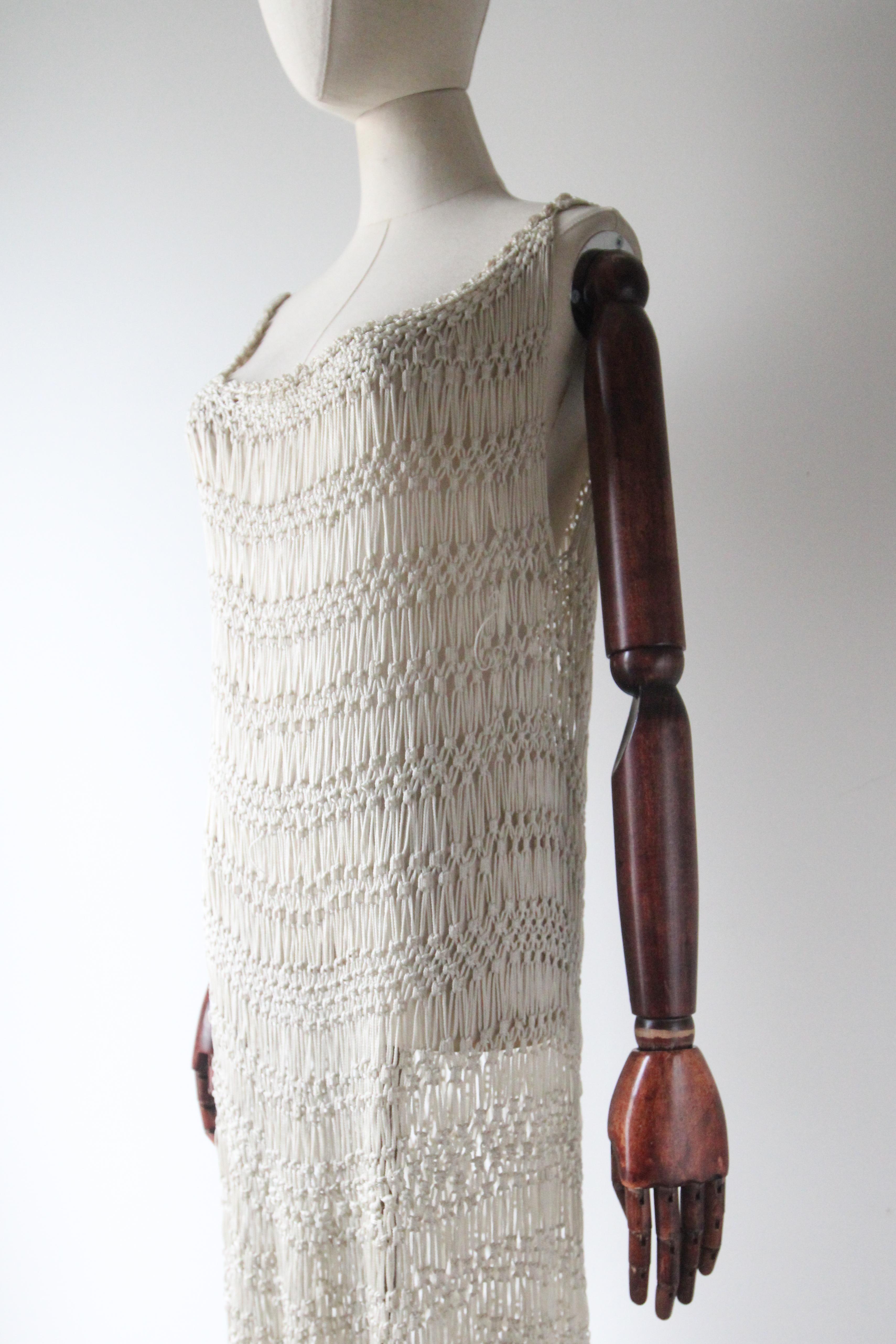 Vintage 1920's Cream Crochet Knotted Fringe Dress roaring twenties UK 10-16 For Sale 4