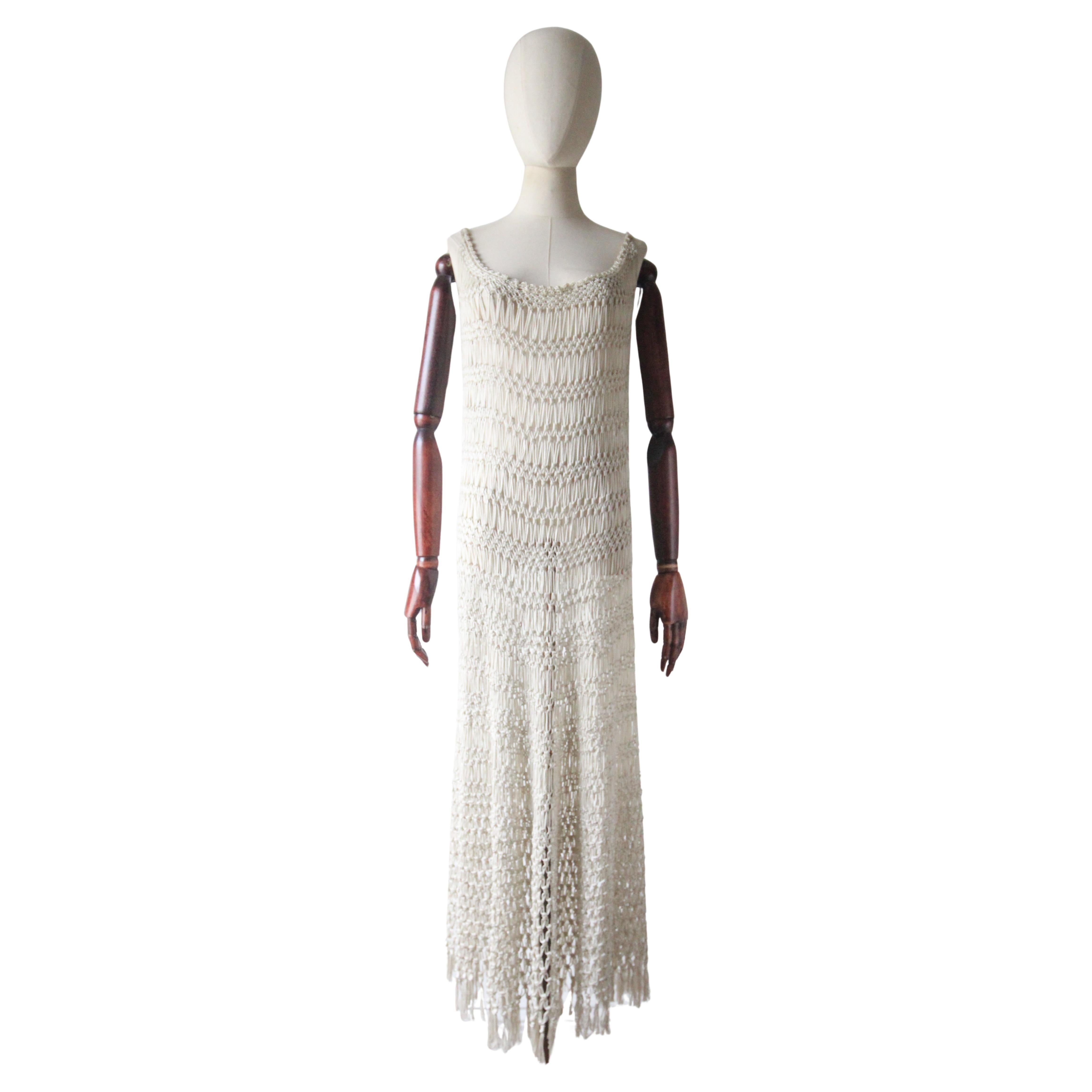 Vintage 1920's Cream Crochet Knotted Fringe Dress roaring twenties UK 10-16 For Sale