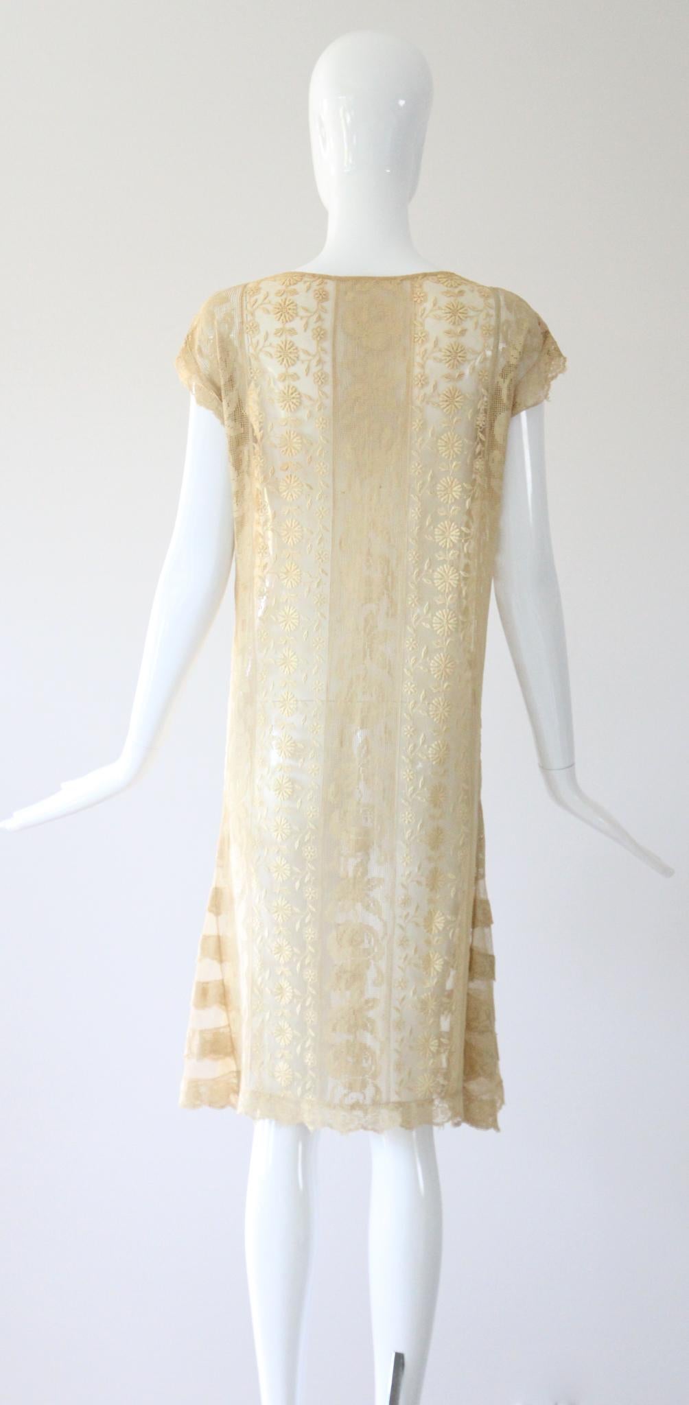 Vintage 1920's Cream Floral Lace Day Dress 1920s Lace Dress UK 8-10 US 4-6 For Sale 6