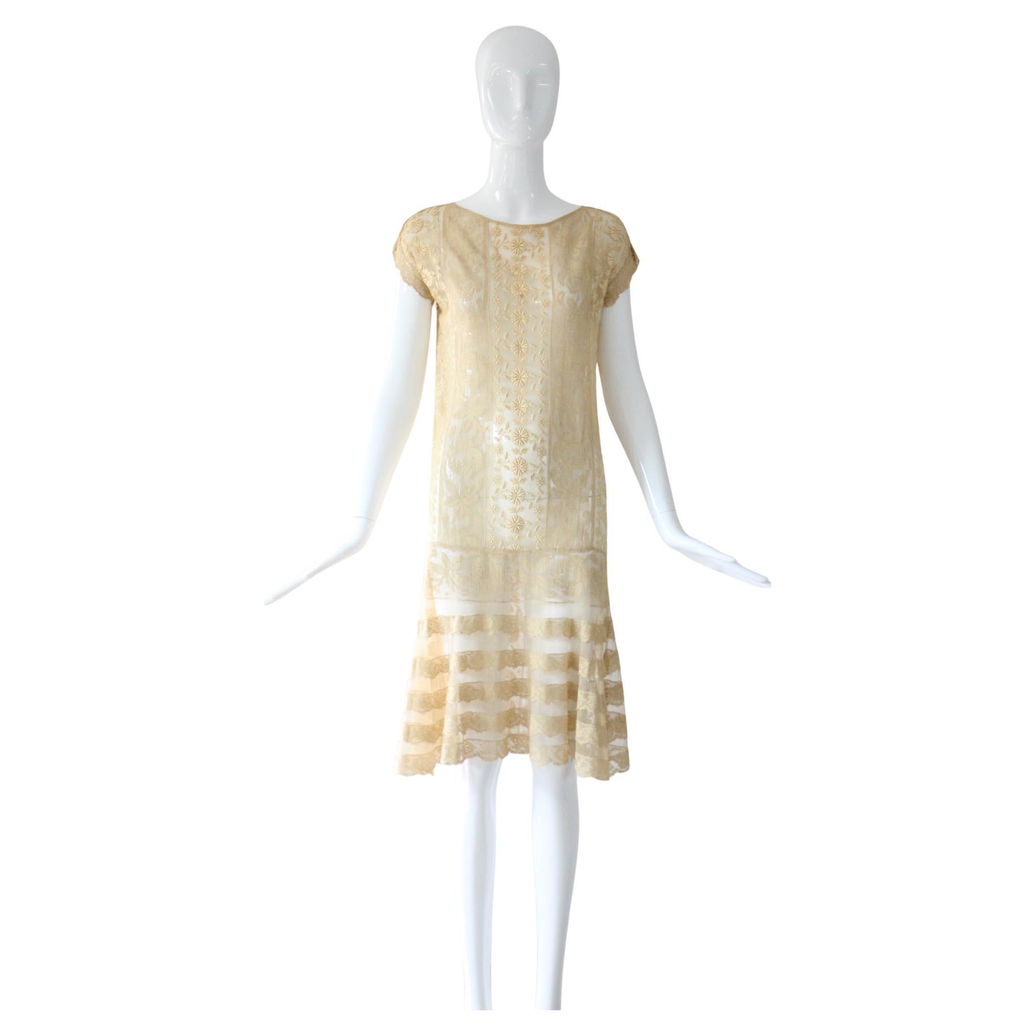 Vintage 1920's Cream Floral Lace Day Dress 1920s Lace Dress UK 8-10 US 4-6 For Sale