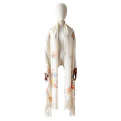 Vintage 1920's Creme Seide floral Schal Seide Fransen geknotet Schal